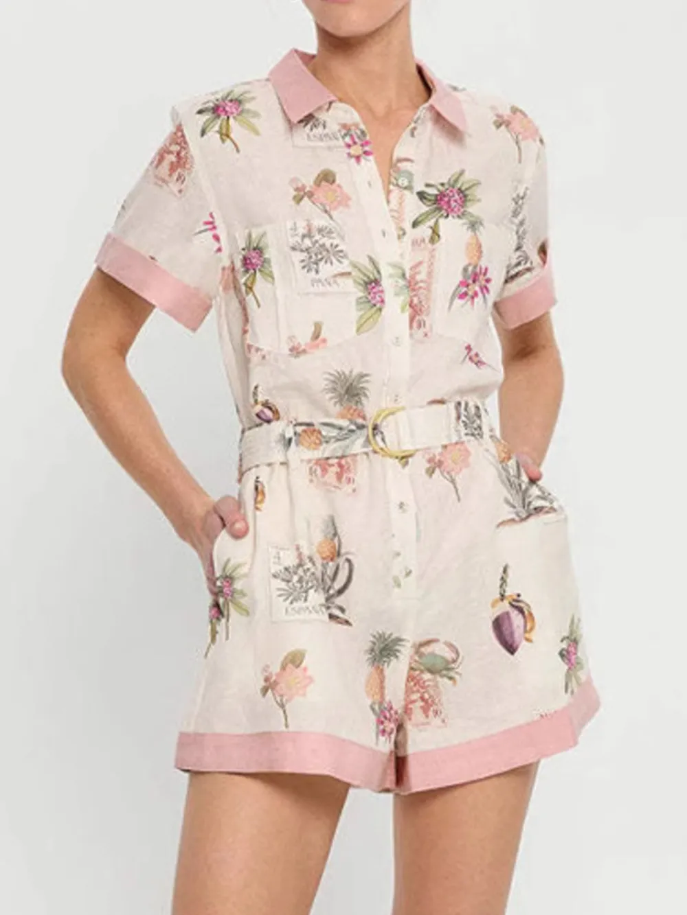 Printed Short Sleeve Romper with Belt, image 6