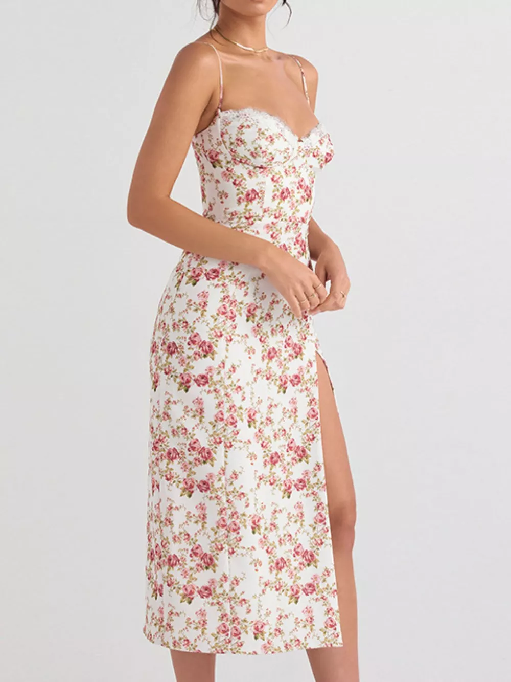 Floral Print Lace Trim Slit Midi Dress, image 7