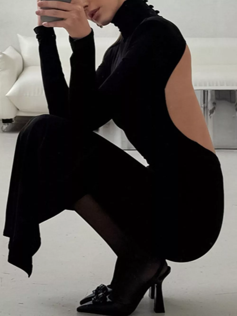 Backless Turtleneck Long Sleeve Bodycon Maxi Dress, image 5