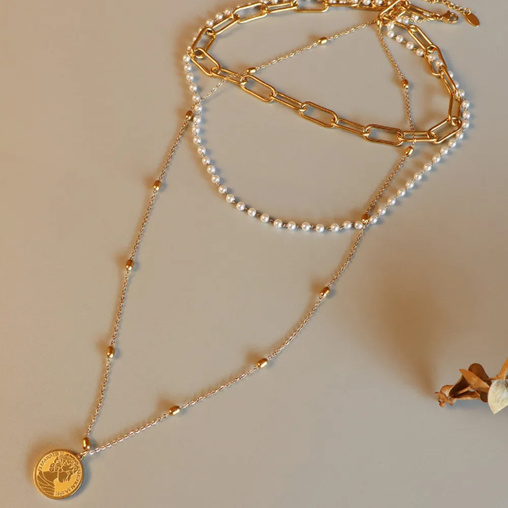 Synthetic Pearl Titanium Steel Three-Layered Necklace, image 4