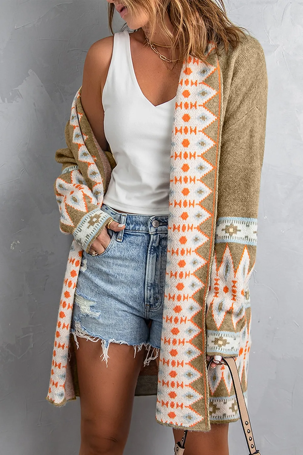 Geometric Open Front Long Sleeve Cardigan, image 20