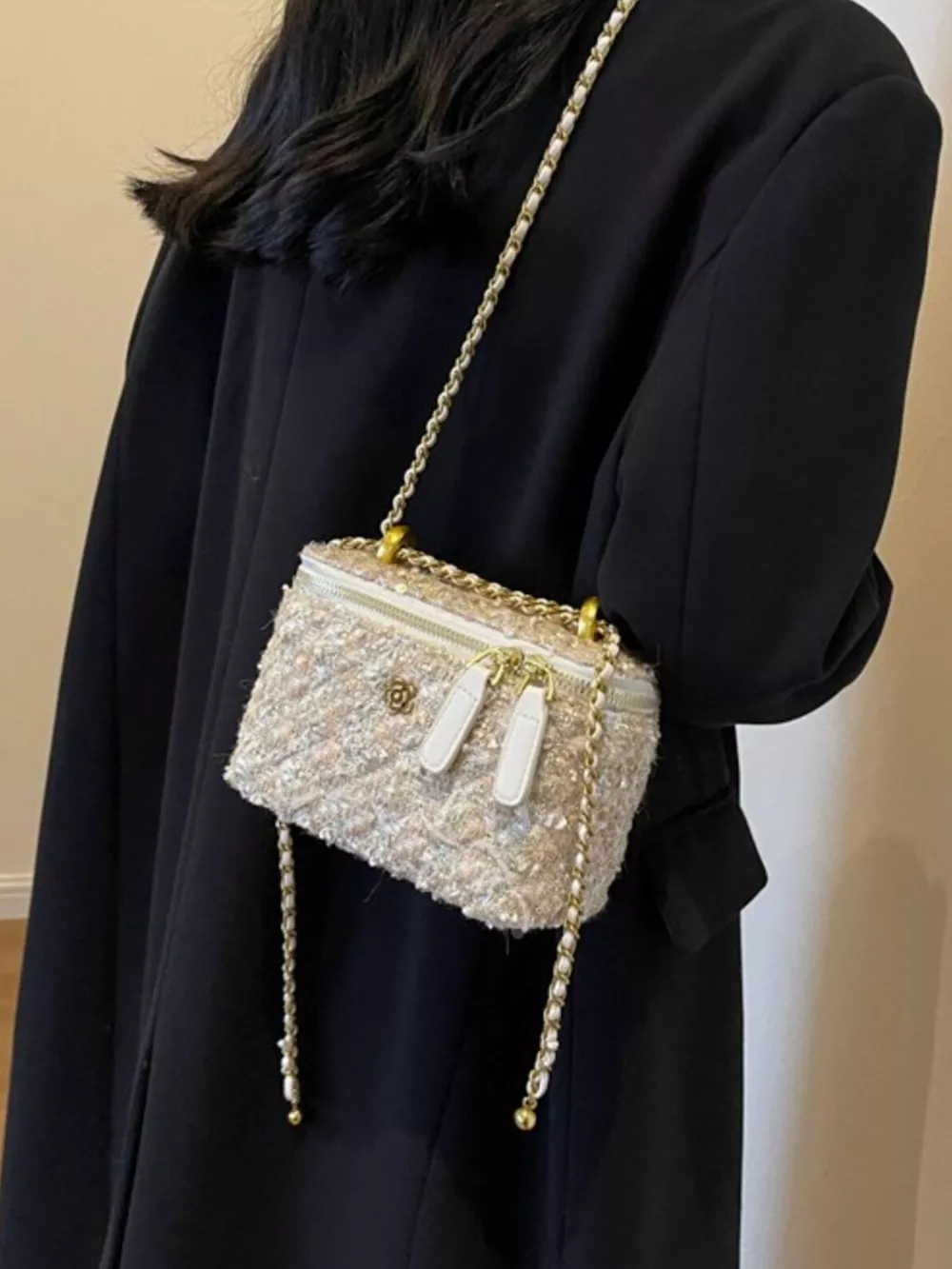 Tweed Crossbody Bag with Chain Strap, image 7
