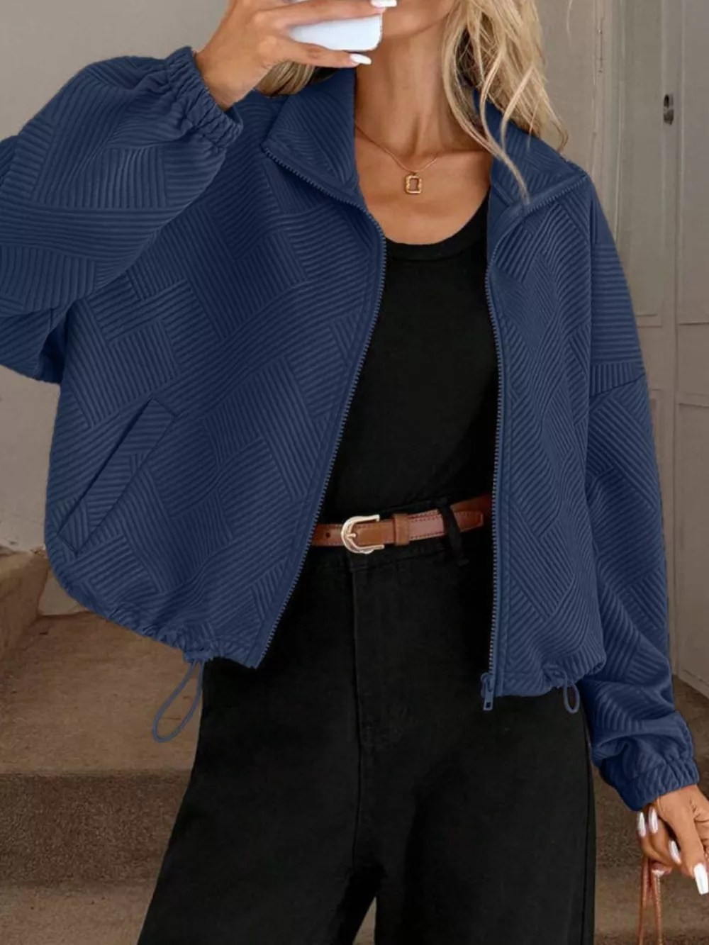 Textured Zip-Up Drawstring Hem Jacket, image 14