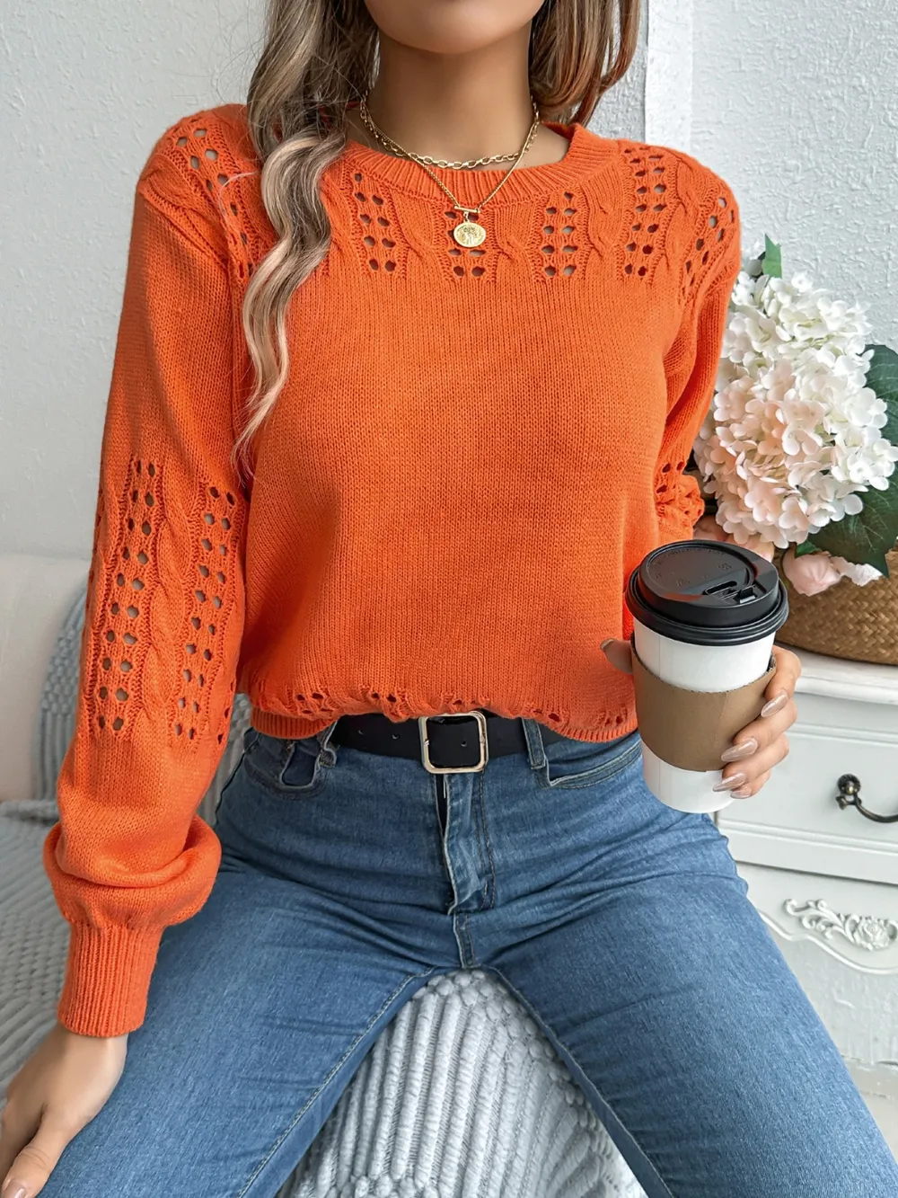 Openwork Round Neck Long Sleeve Sweater, image 17
