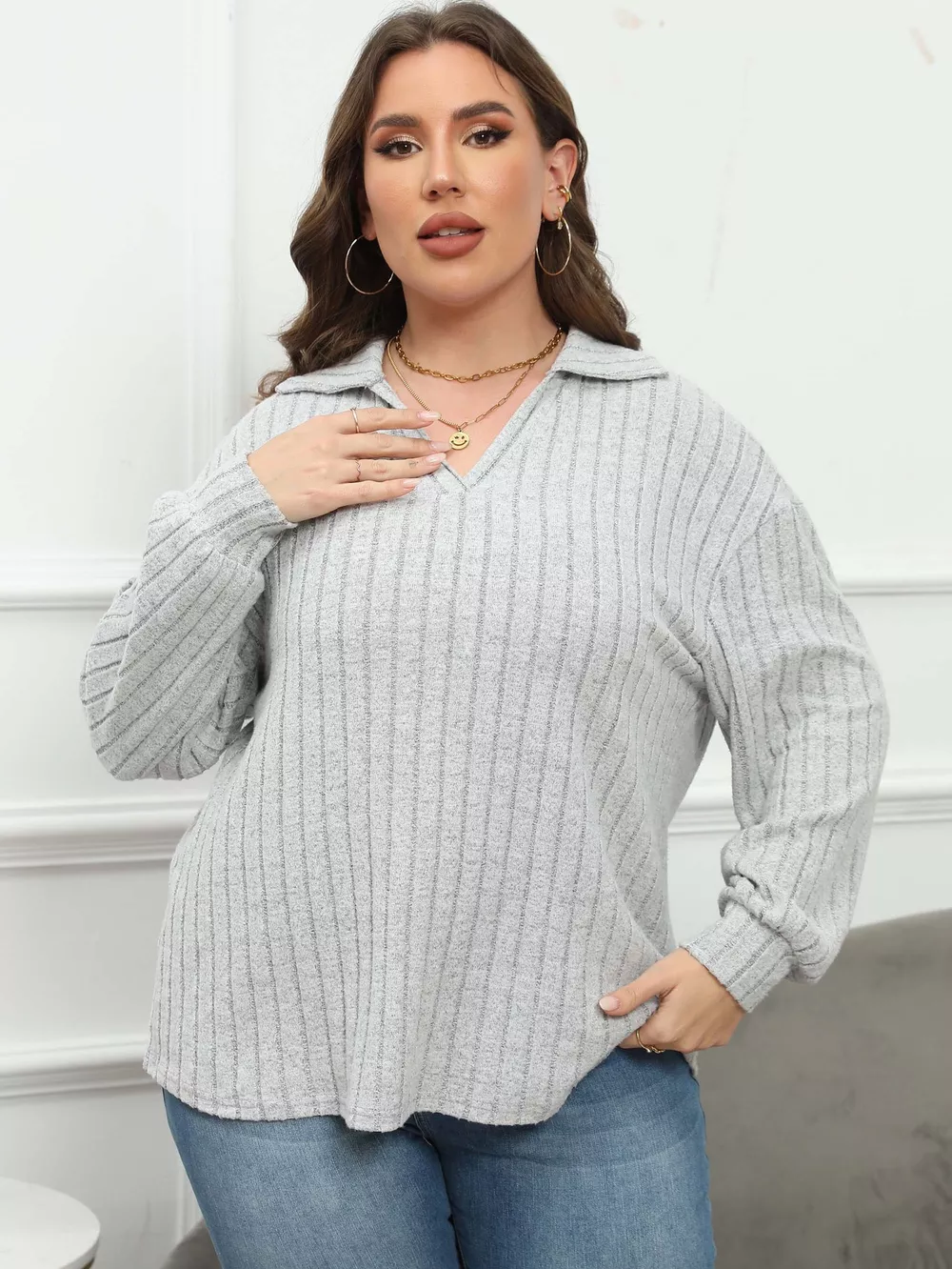Plus Size Ribbed Knit Polo Collar T-Shirt, image 10