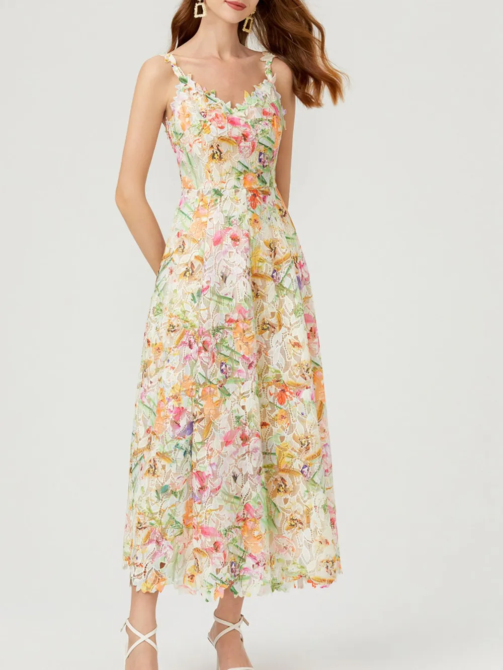 Floral Lace Sleeveless V-Neck Midi Dress, image 2