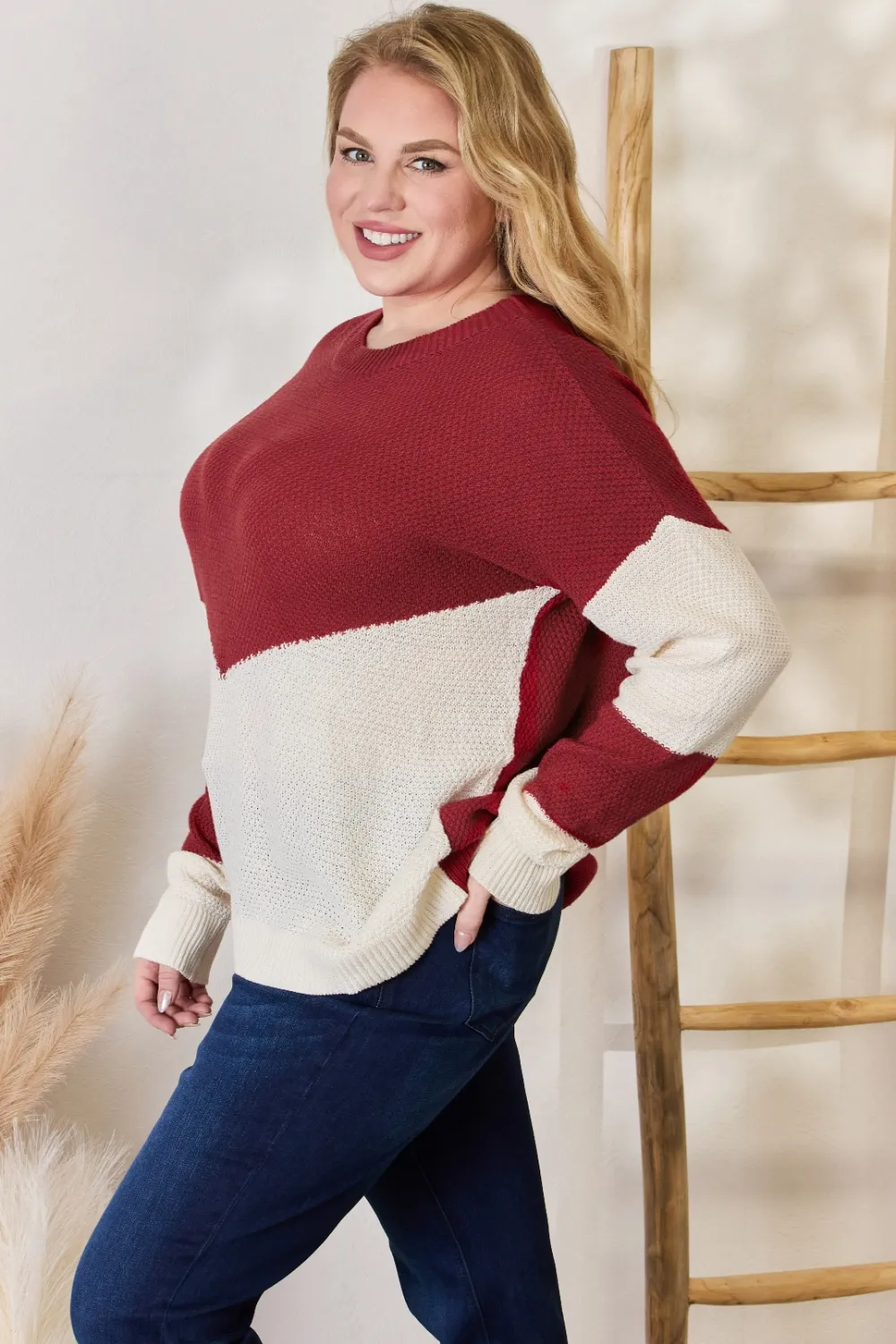 Full Size Color Block Dropped Shoulder Knit Top, image 9