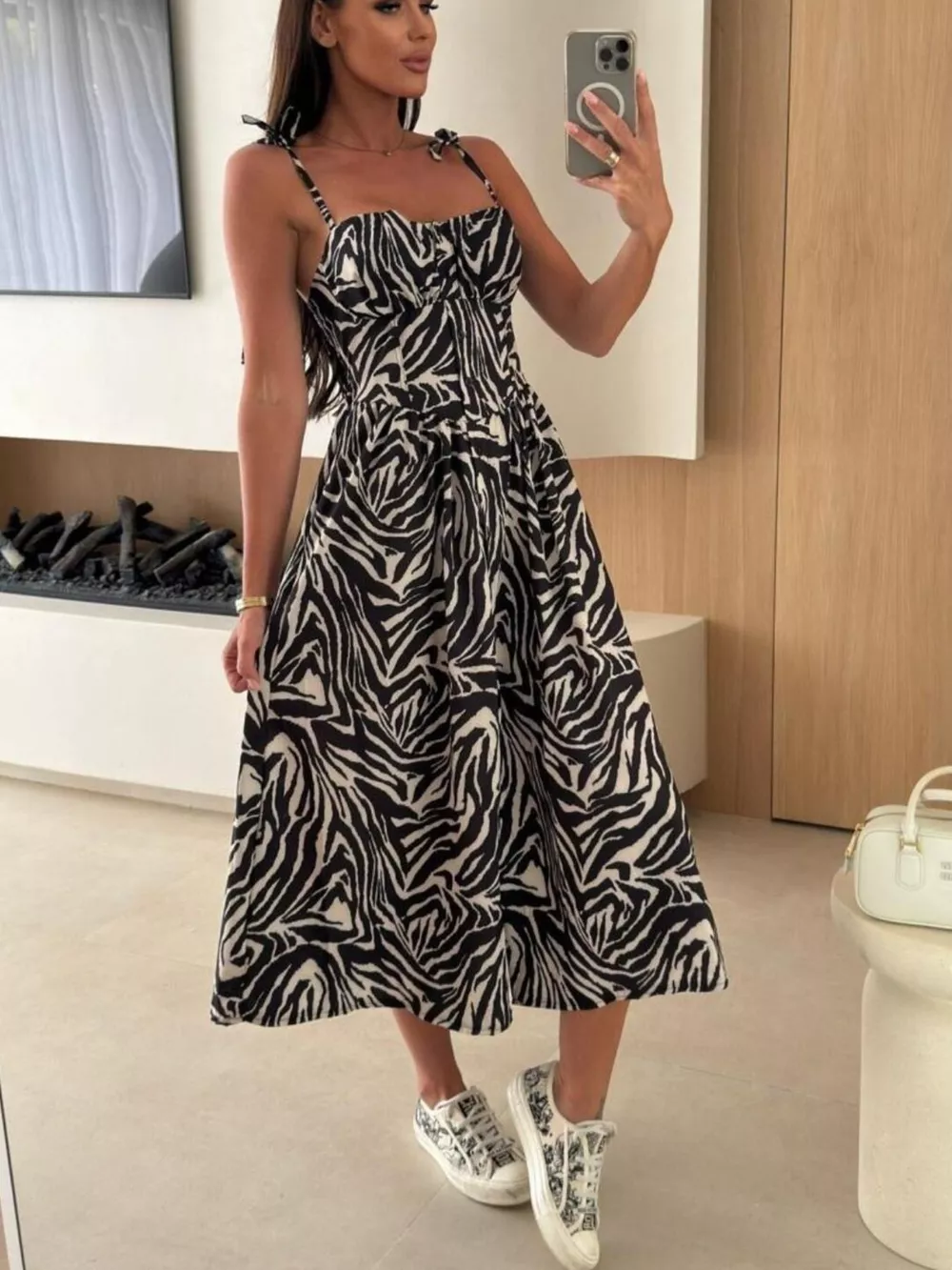 Striped Tie-Shoulder Midi Dress