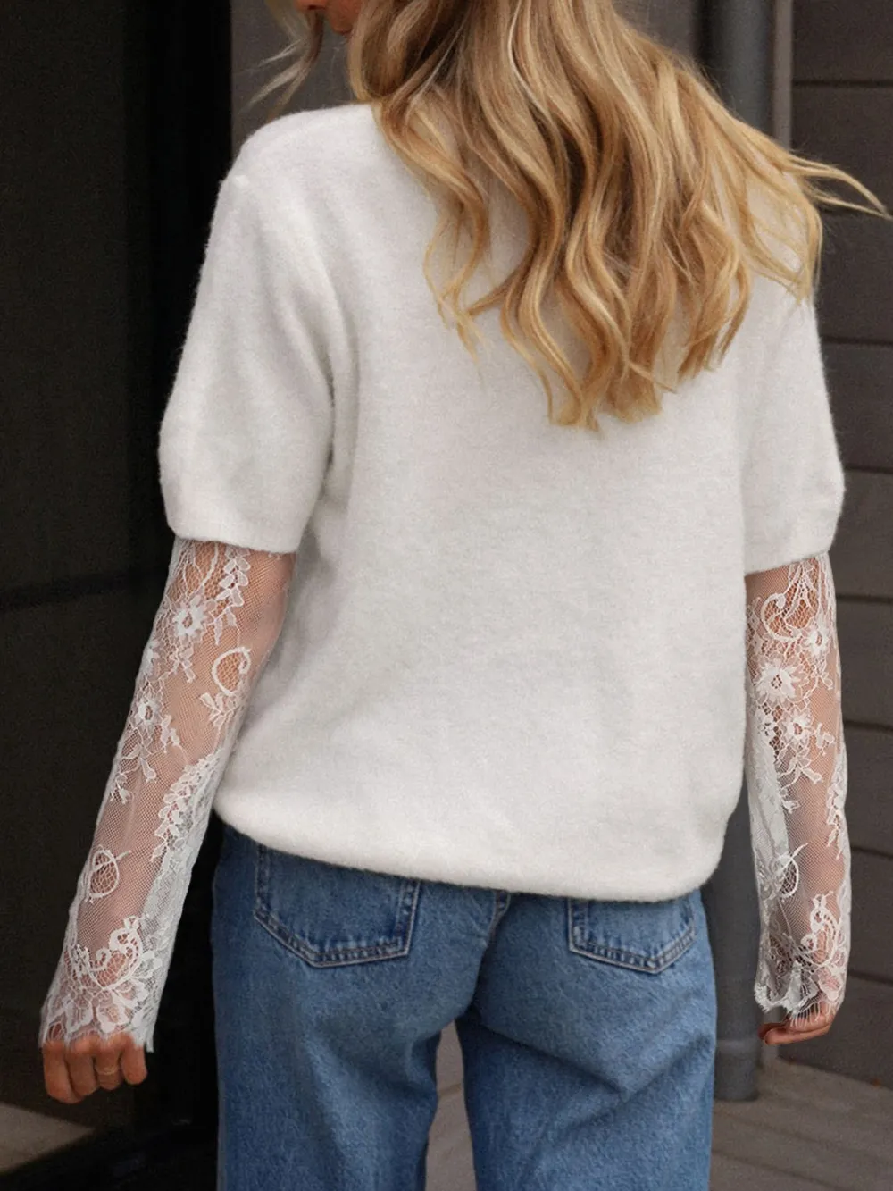 Lace Sleeve Patchwork Faux Two-piece Fuzzy Sweater, image 2