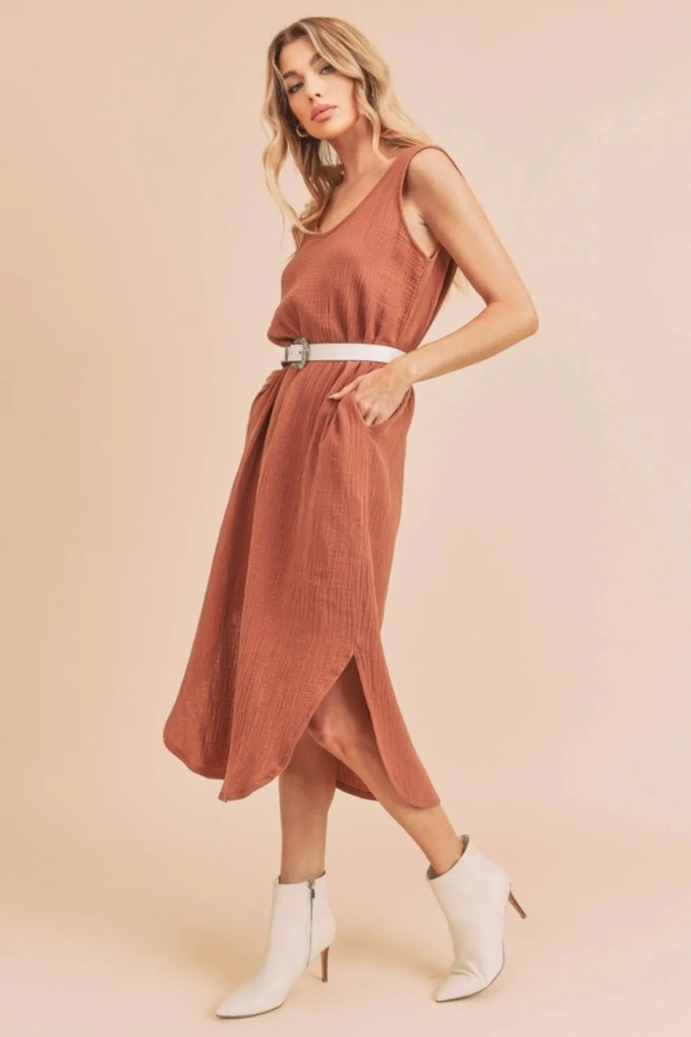 Round Neck Midi Tank Dress with Pockets, image 2