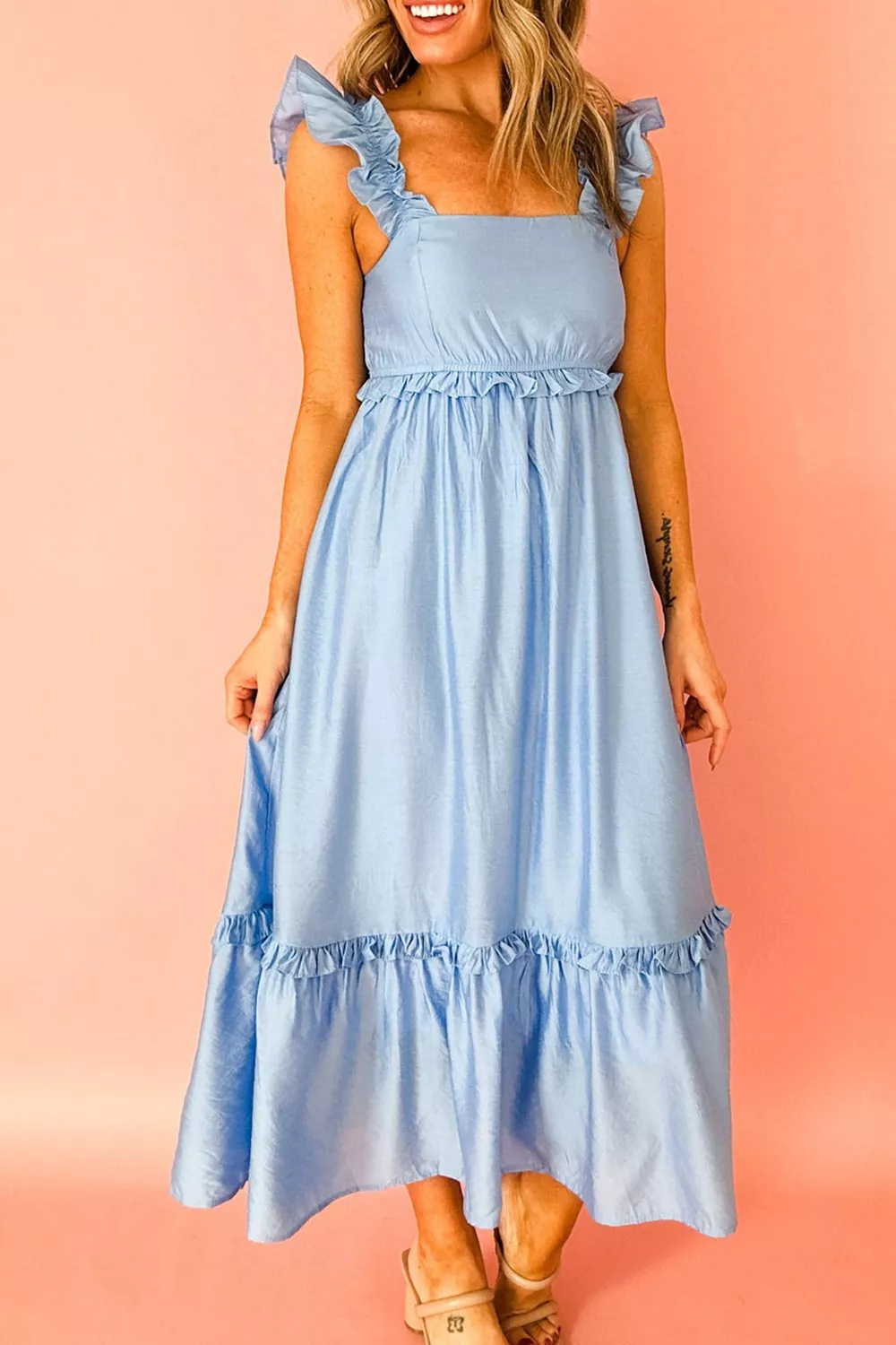 Solid Color Ruffle Trim High Waist Sleeveless Dress, image 6