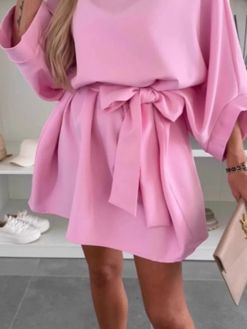 Batwing Sleeve Tie Waist Mini Dress, image 5