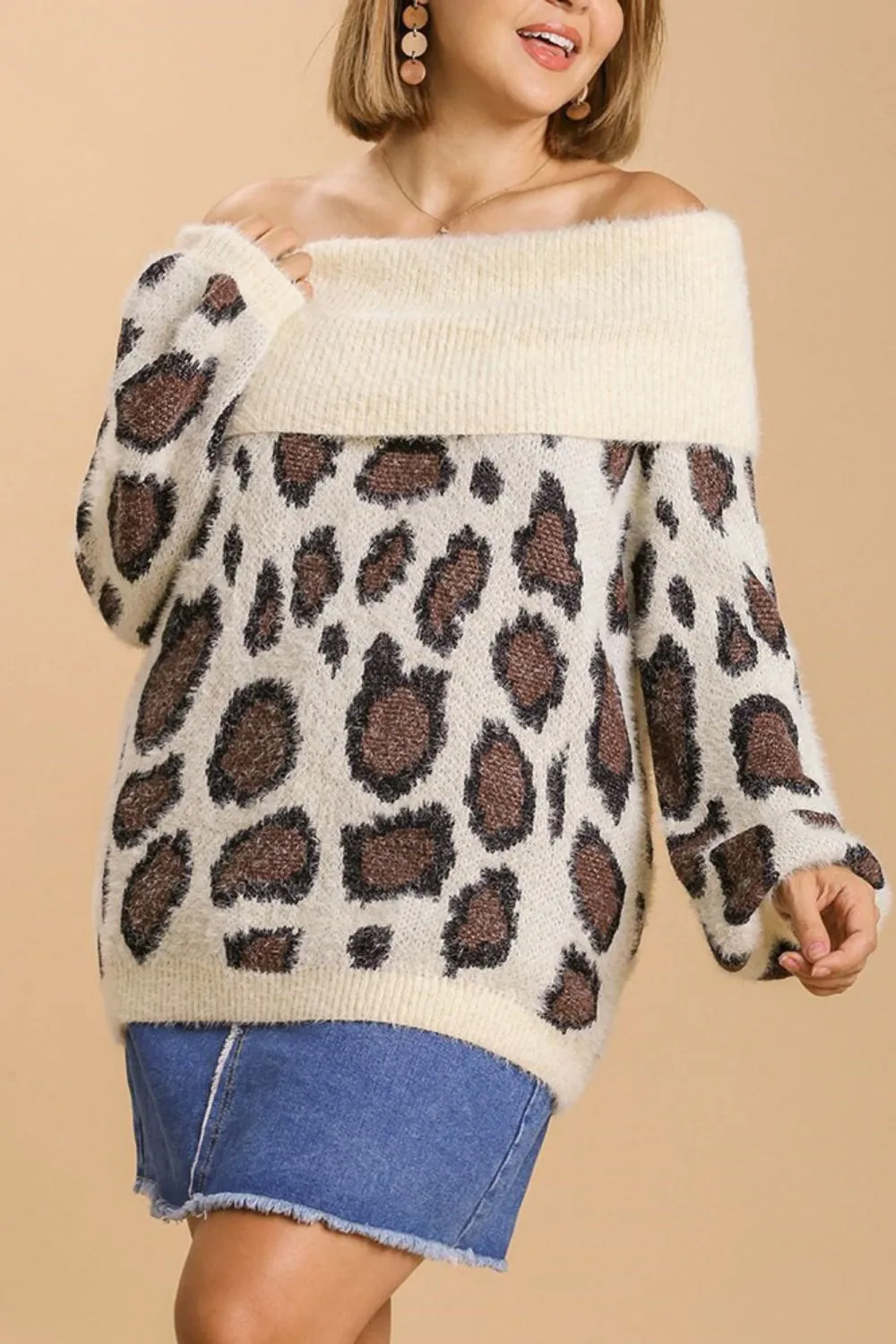 Full Size Leopard Off-Shoulder Long Sleeve Sweater Plus Size, image 5