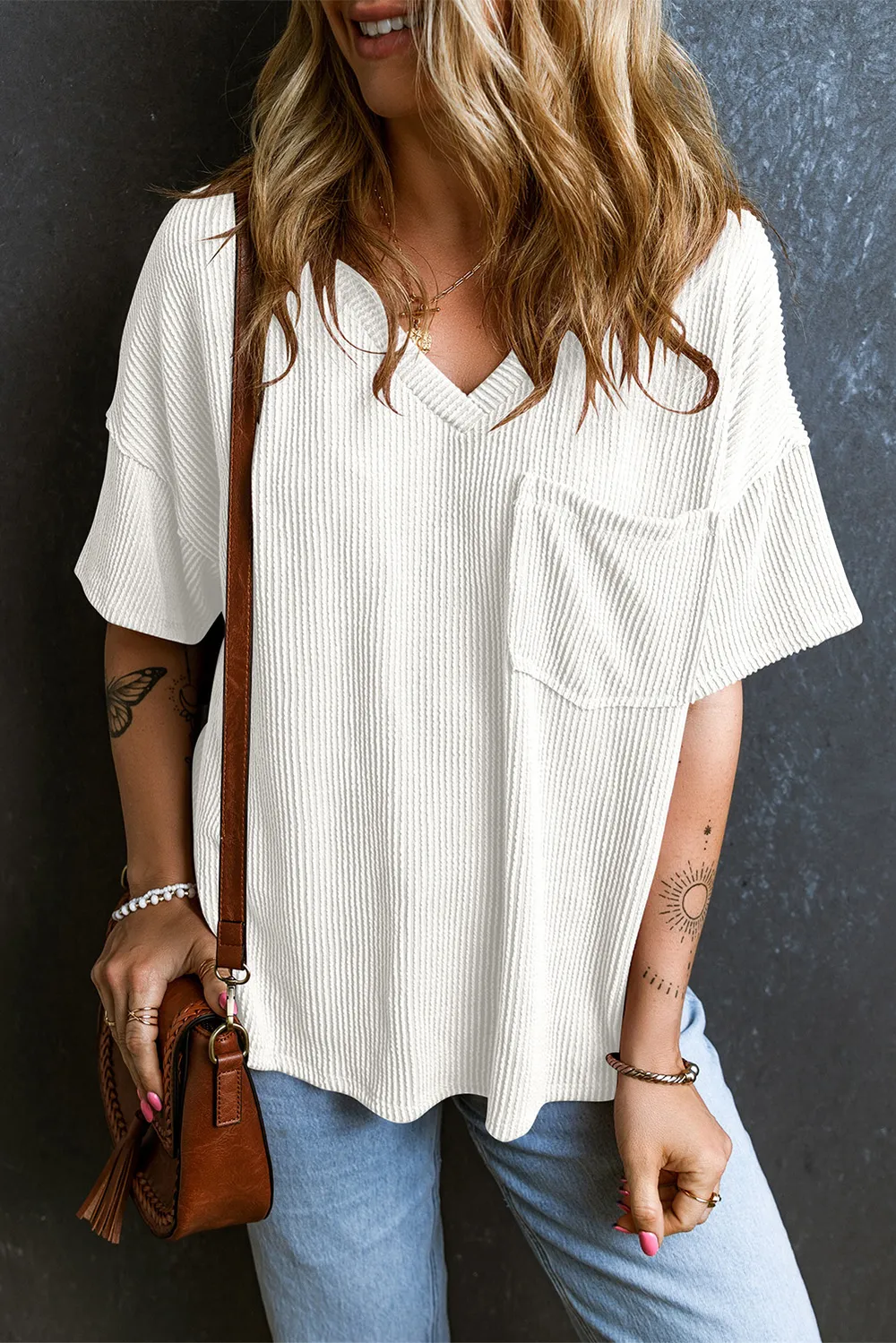 Textured V-Neck Dropped Shoulder T-Shirt, image 21