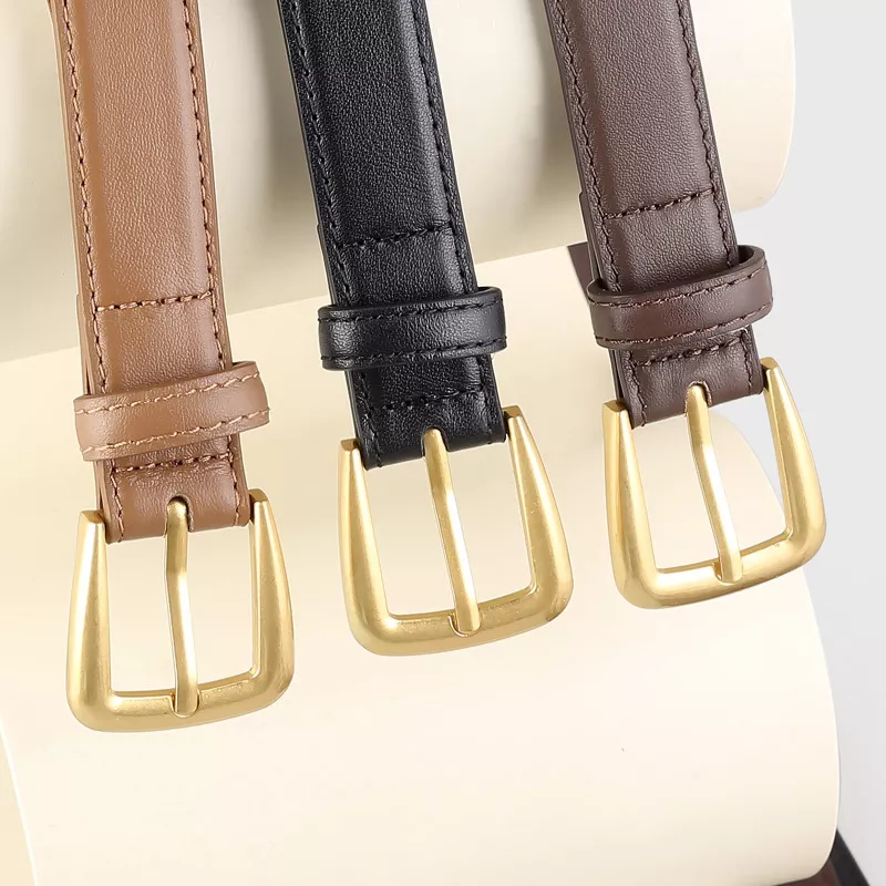 Skinny Leather Belt with Golden Buckle, image 3