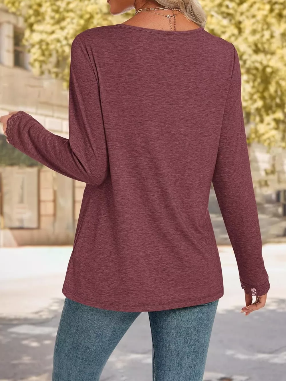 Lace Trim V-Neck Long Sleeve T-Shirt, image 11