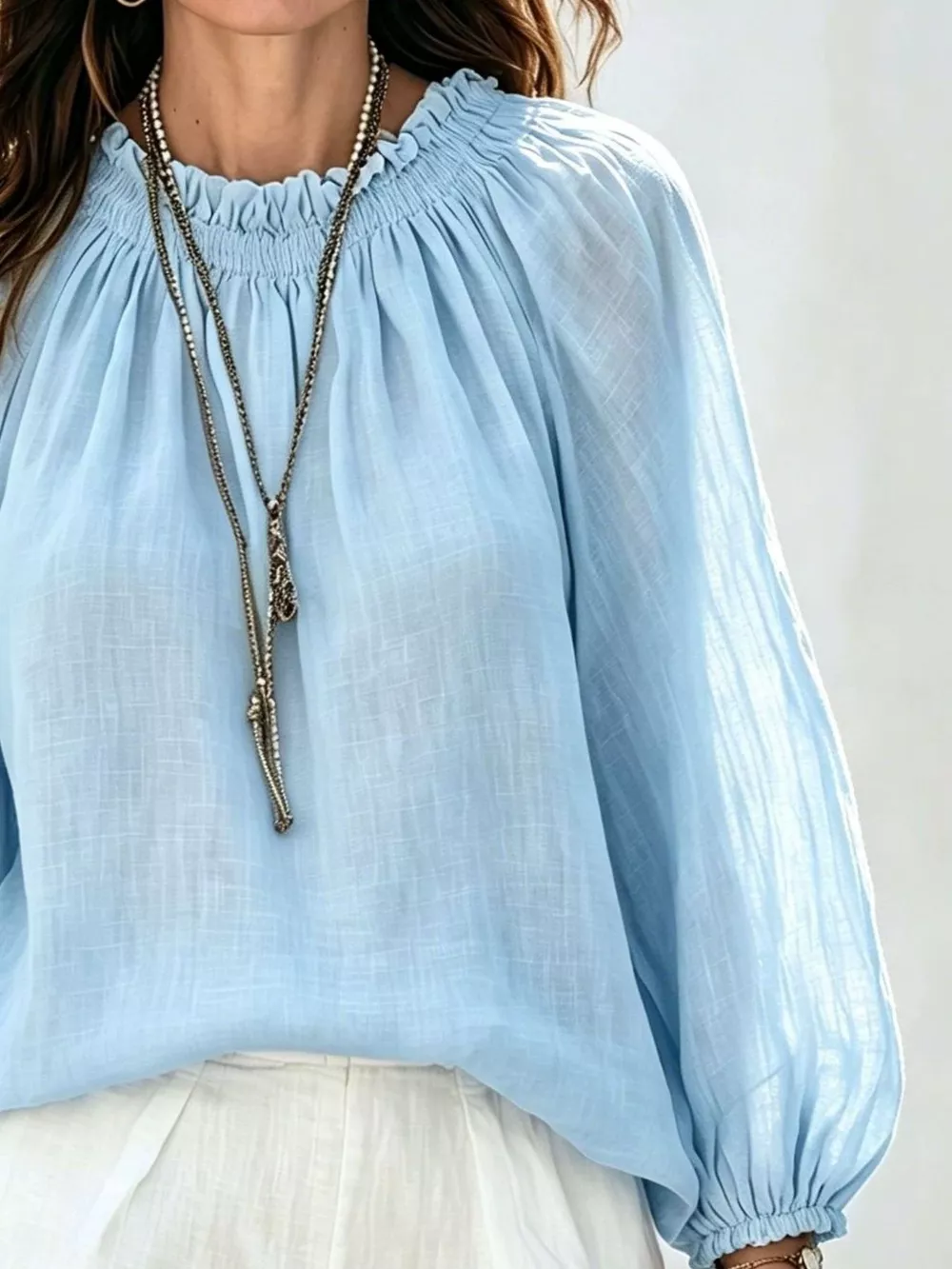 Round Neck Balloon Sleeve Blouse, image 4