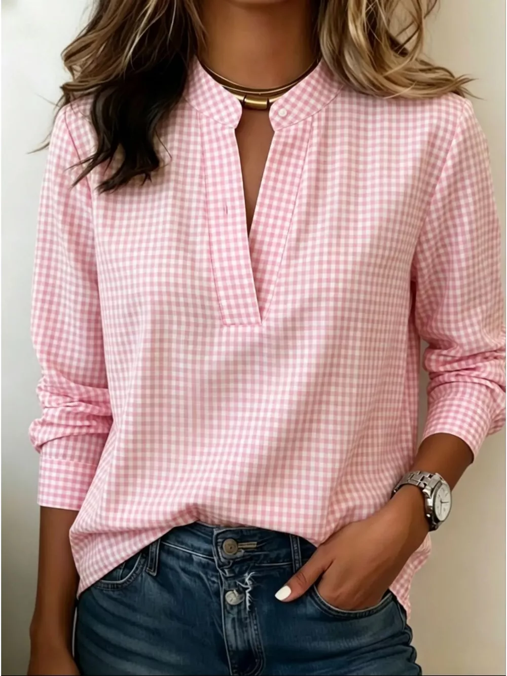Full Size Plaid Notched Long Sleeve Blouse Plus Size, image 6