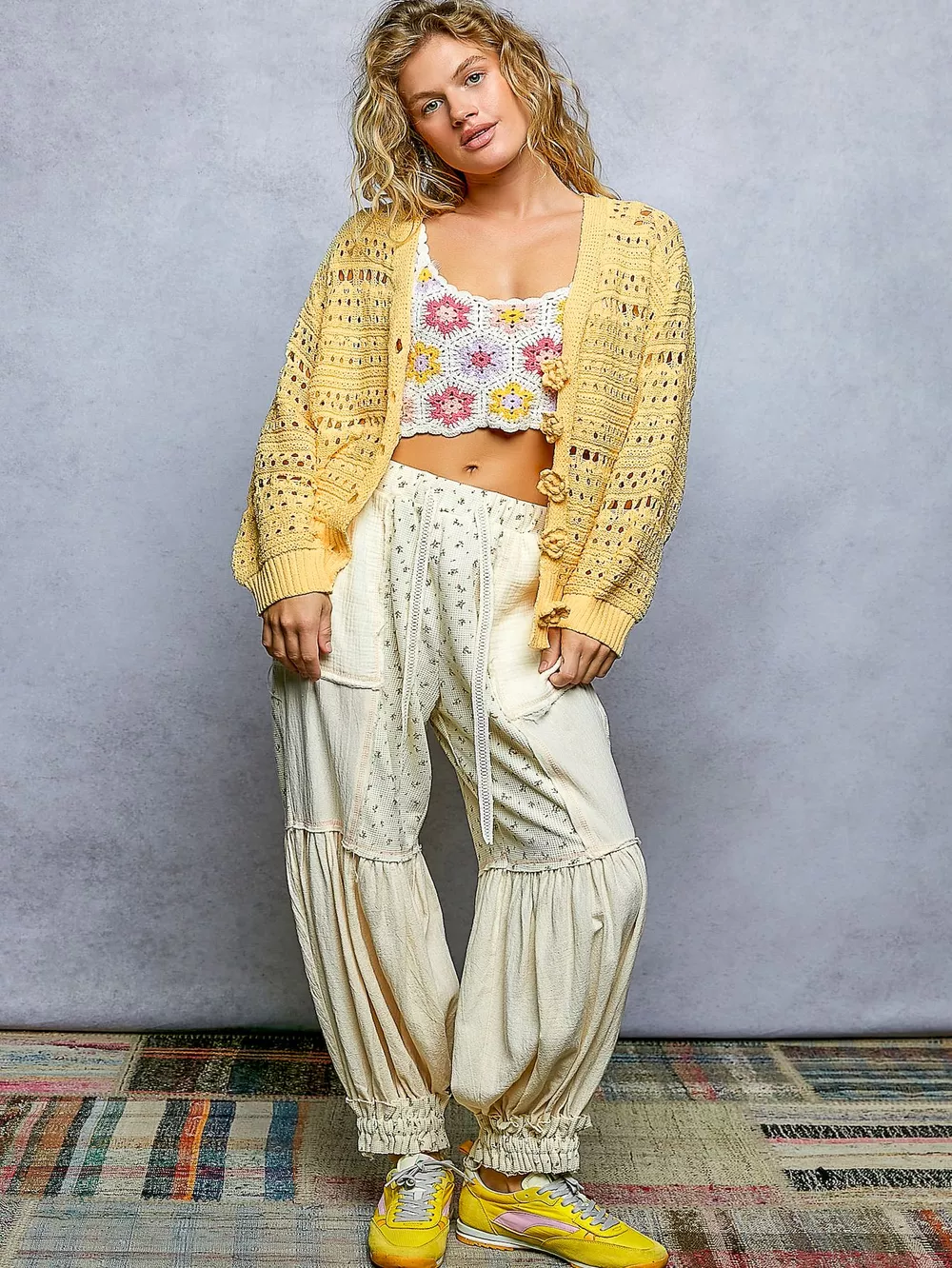 Open-Knit Floral Button Cardigan, image 5