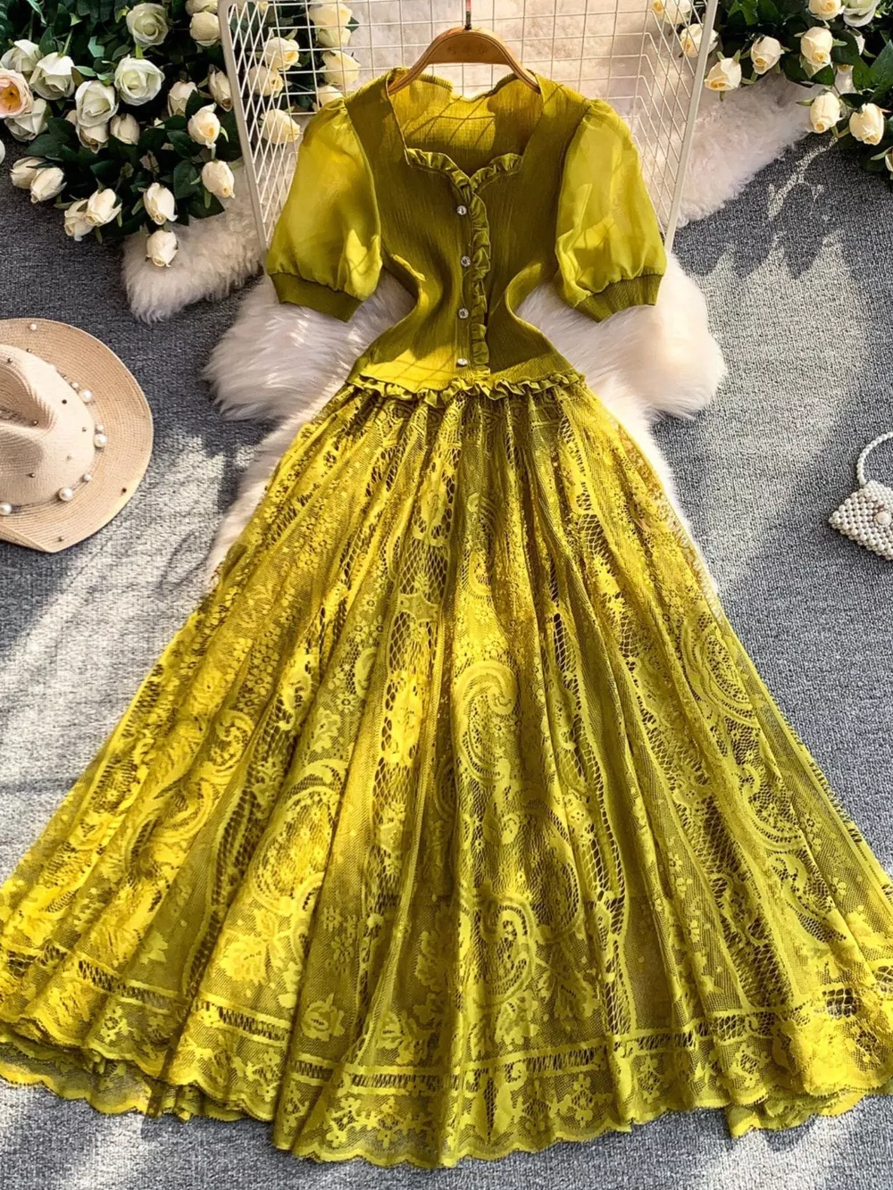 Lace Panel Puff Sleeve Dress, image 2
