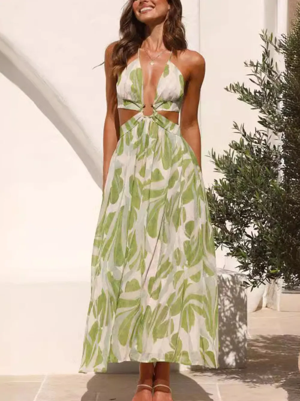 Tropical Print Backless Maxi Sleeveless Dress, image 3