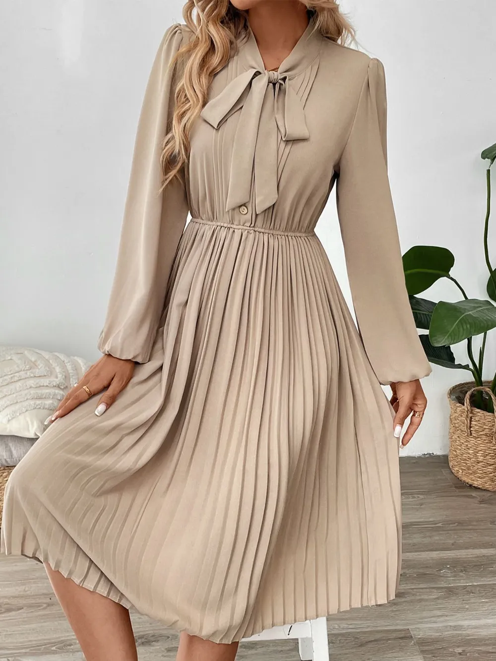 Pleated Tie Neck Long Sleeve Dress, image 5