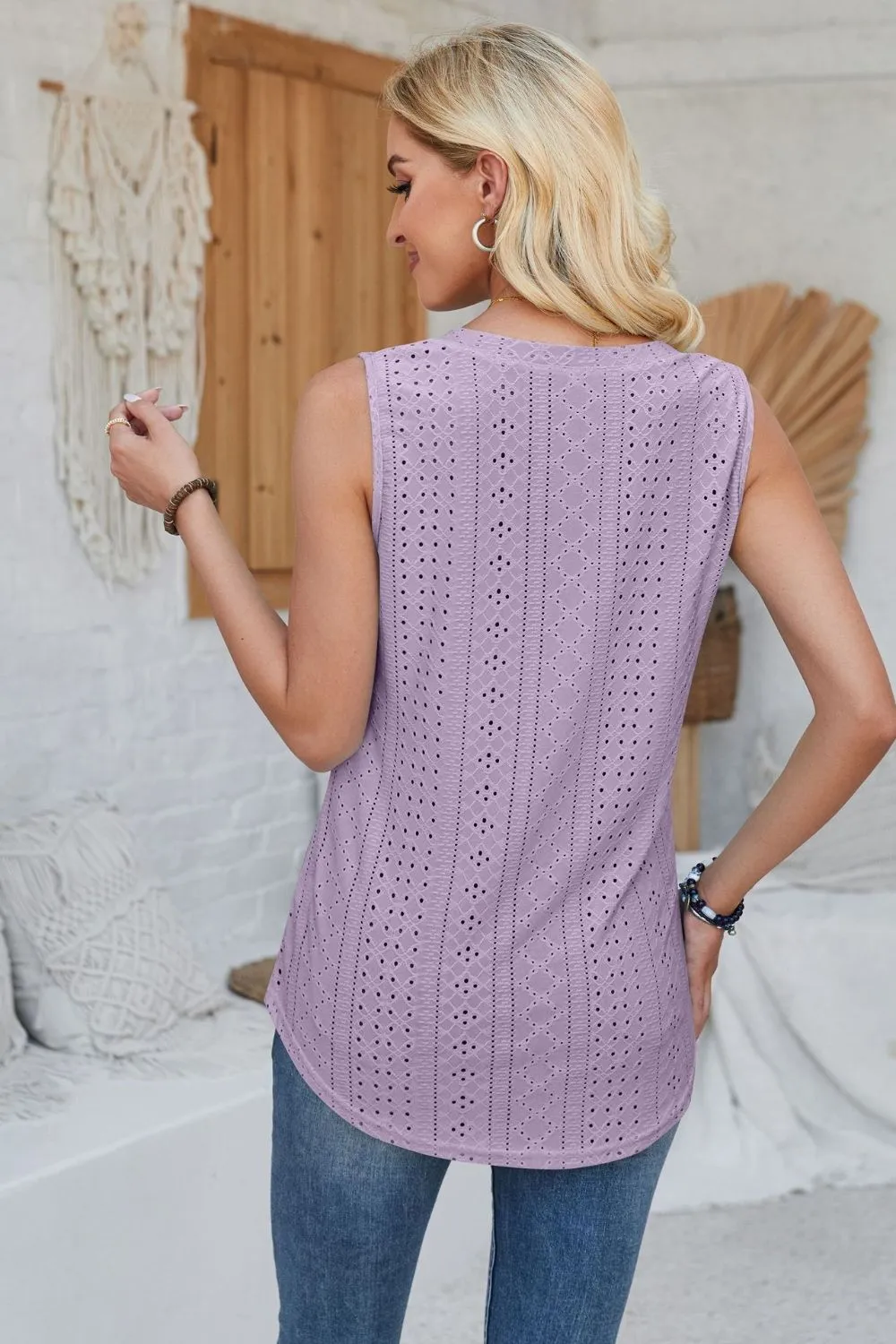 Eyelet Decorative Button V-Neck Tank, image 29