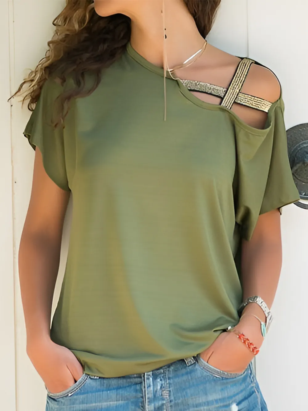Asymmetrical Neck Short Sleeve T-Shirt, image 17