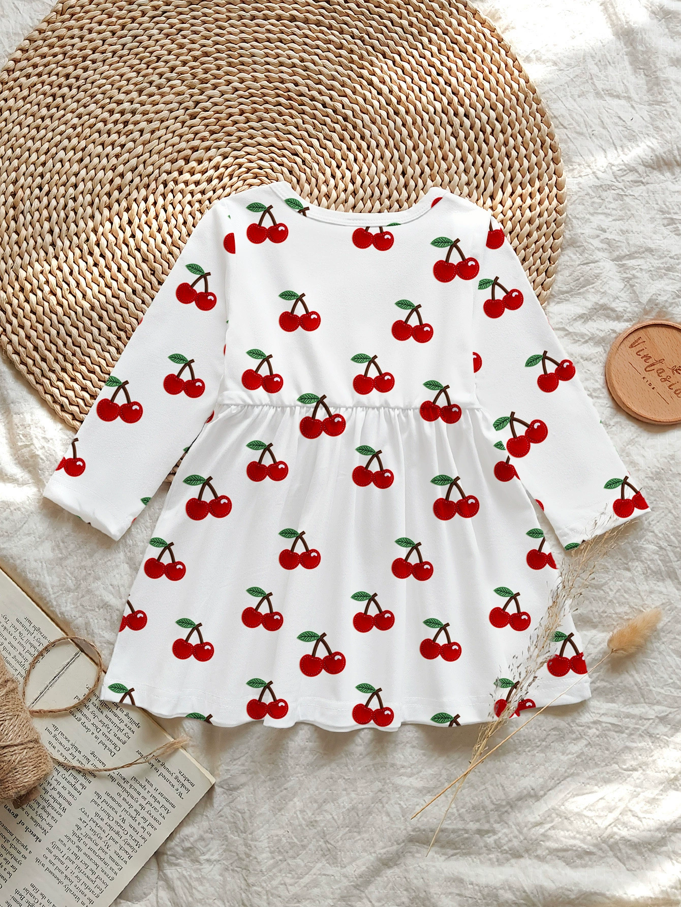Children's Cherry Print Long Sleeve Casual Dress, image 3