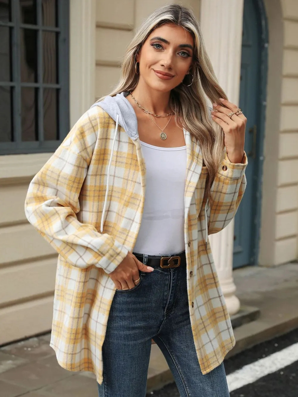 Drawstring Plaid Button Up Hooded Jacket, image 9