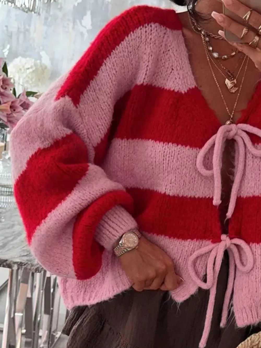 Striped Tie-Front Knit Cardigan, image 19