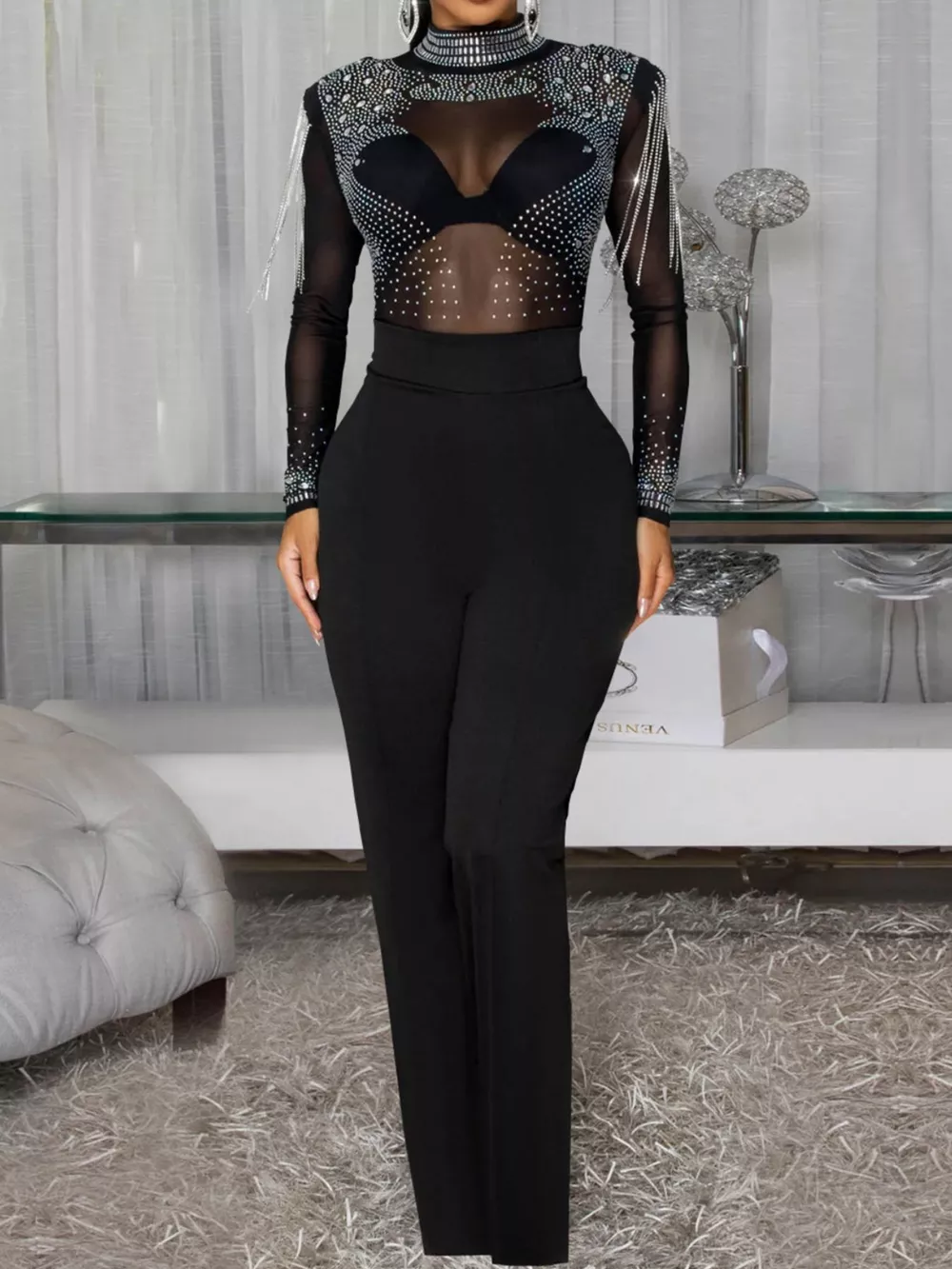 Rhinestone Embellished Mesh Long Sleeve Jumpsuit, image 2