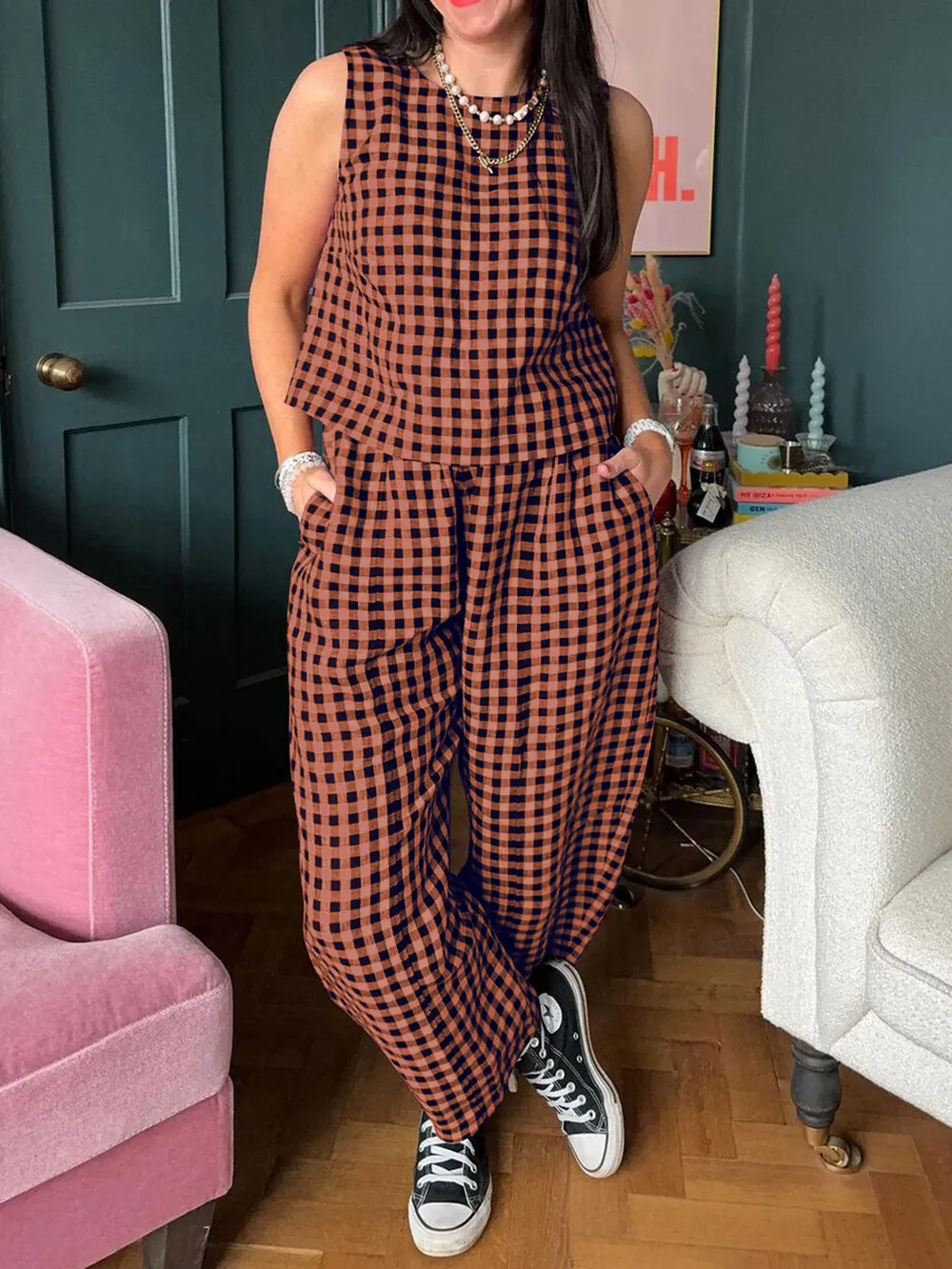 Plaid Round Neck Sleeveless Top and Pants Set, image 14
