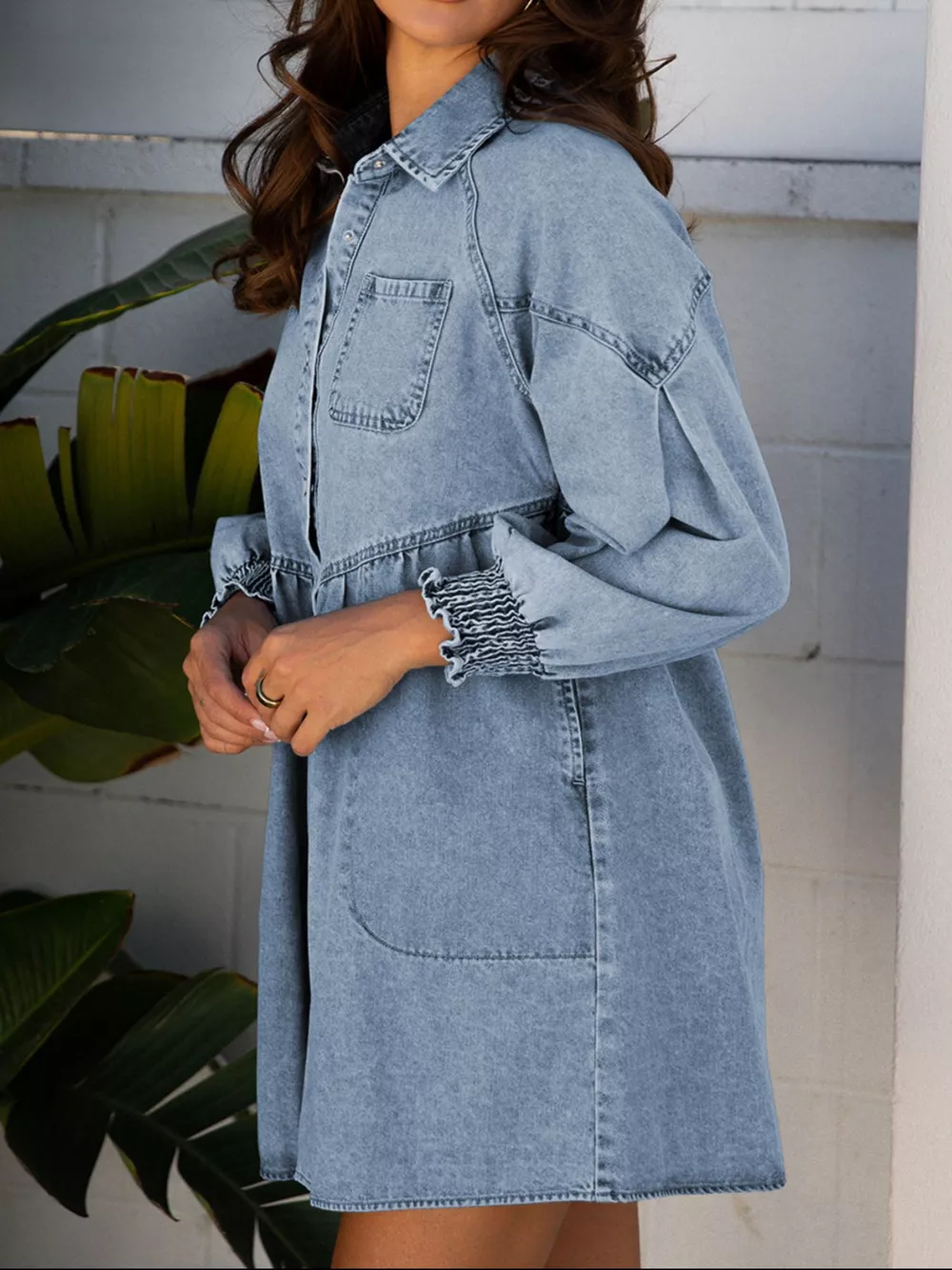 Smocked Cuffs Flared Denim Shirt Mini Dress, image 5