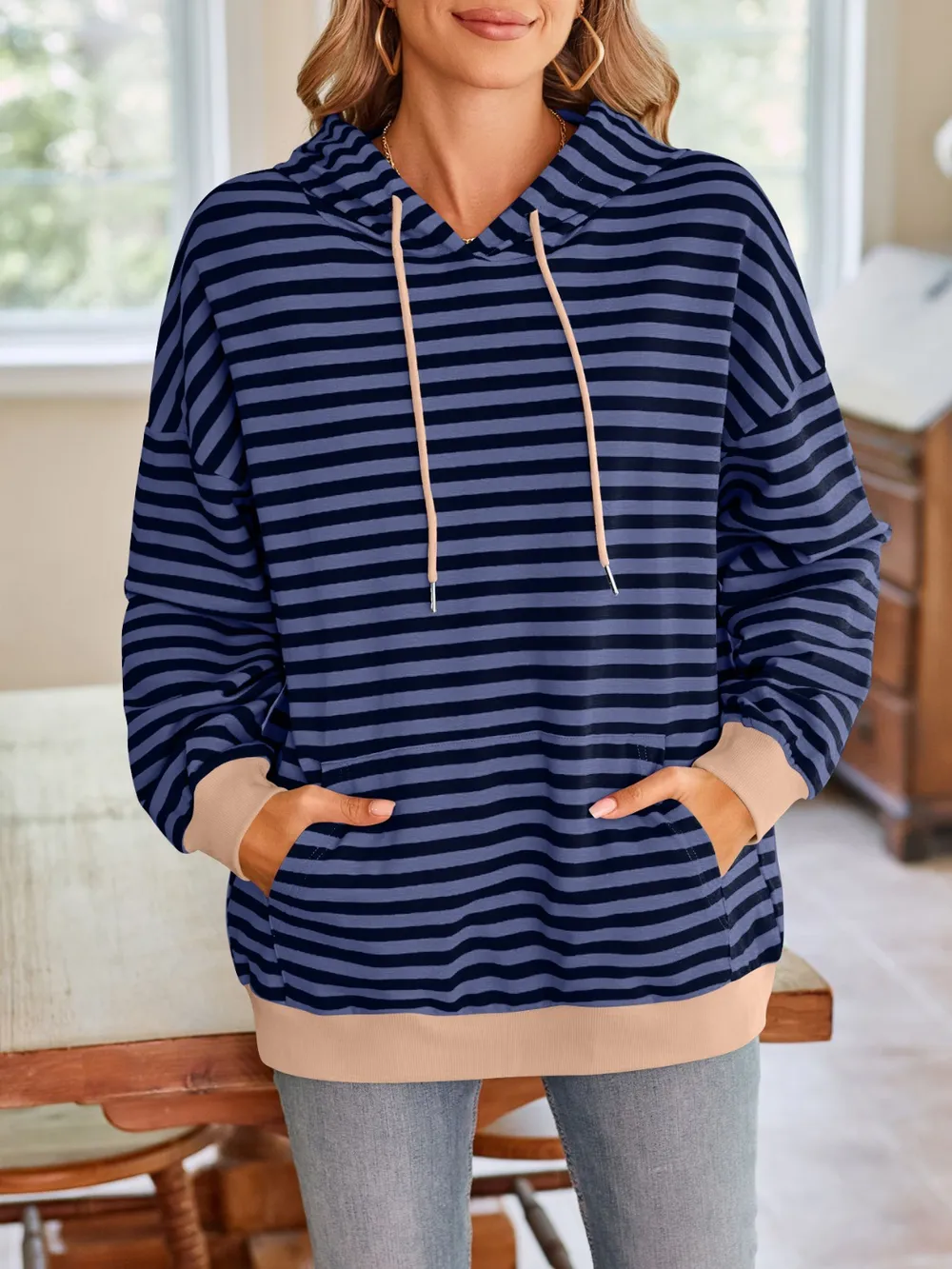 Drawstring Striped Long Sleeve Hoodie, image 25