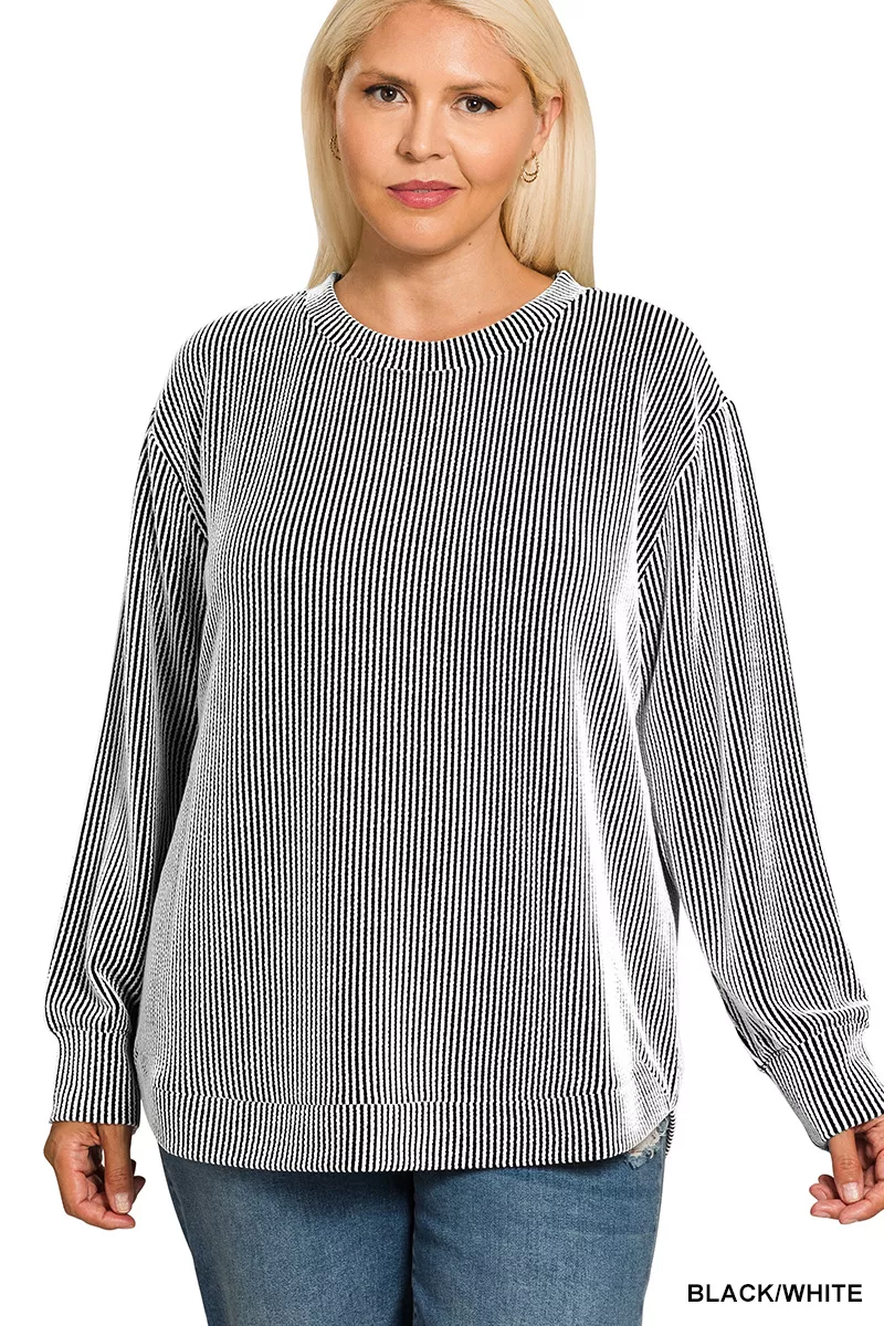 Full Size Raised Rib Round Neck Long Sleeve Top Plus Size, image 2