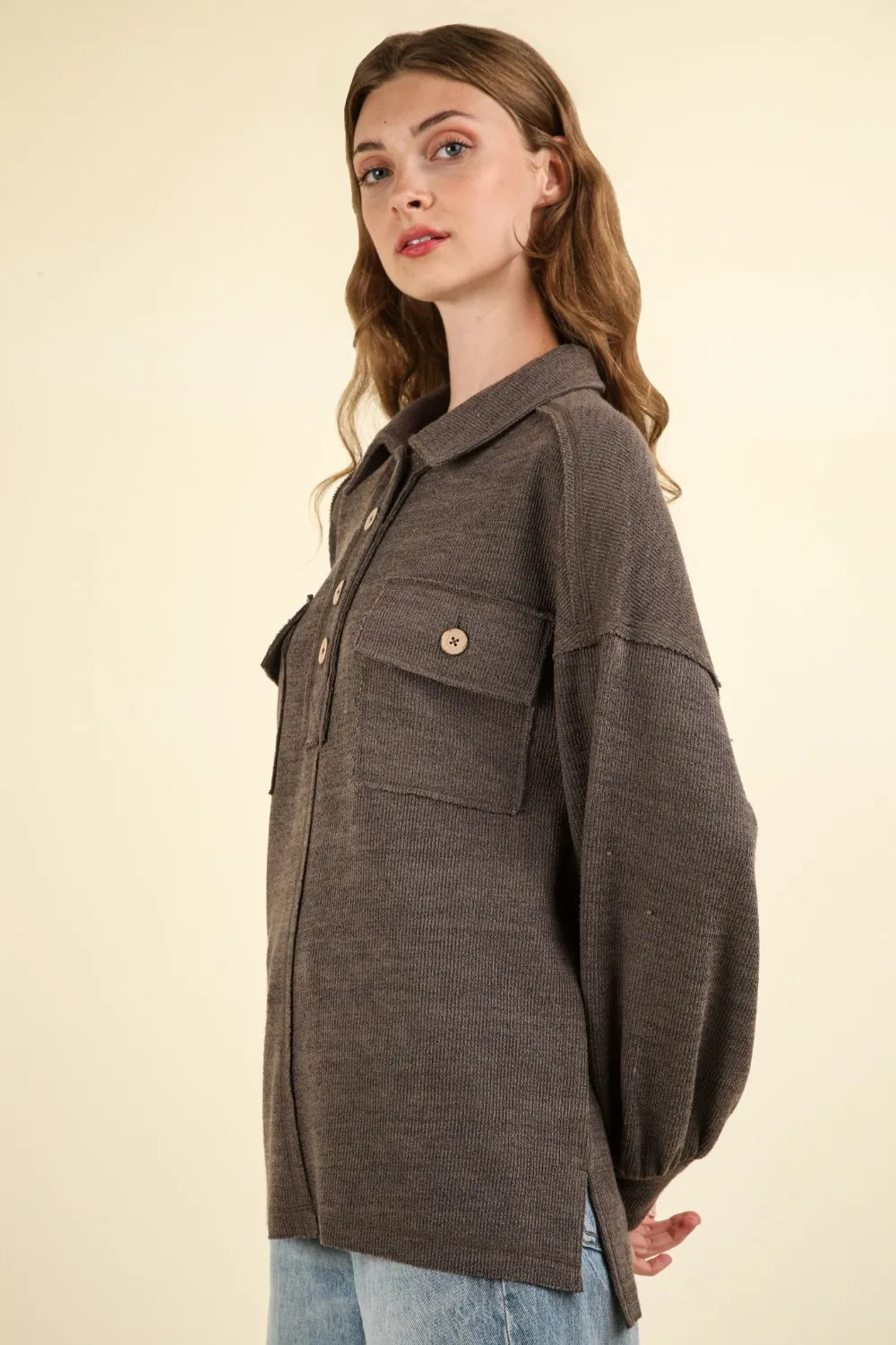 Collared Half Button Knit Top with Pockets, image 2
