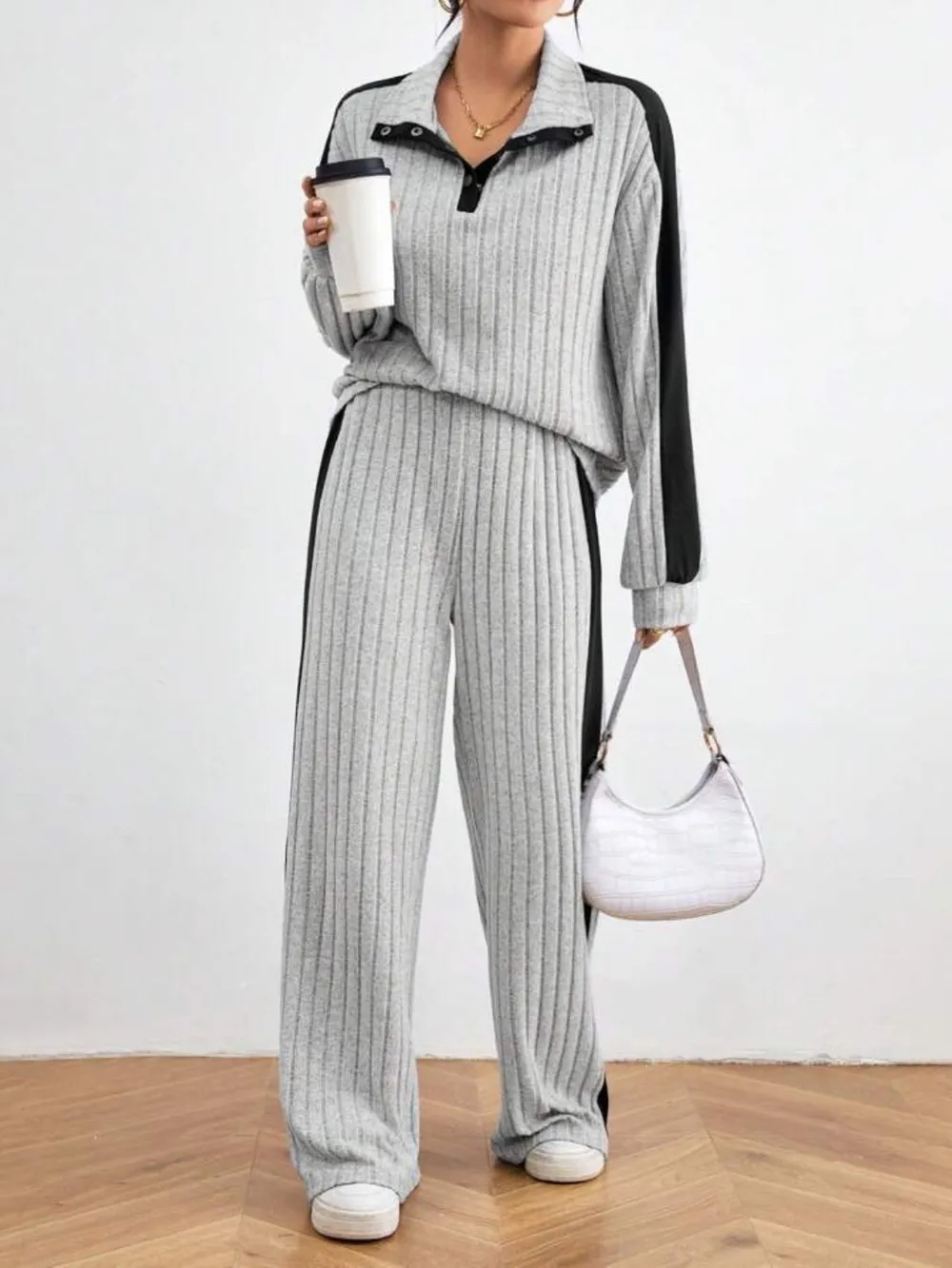 Contrast Collared Neck Long Sleeve Top and Pants Set, image 2
