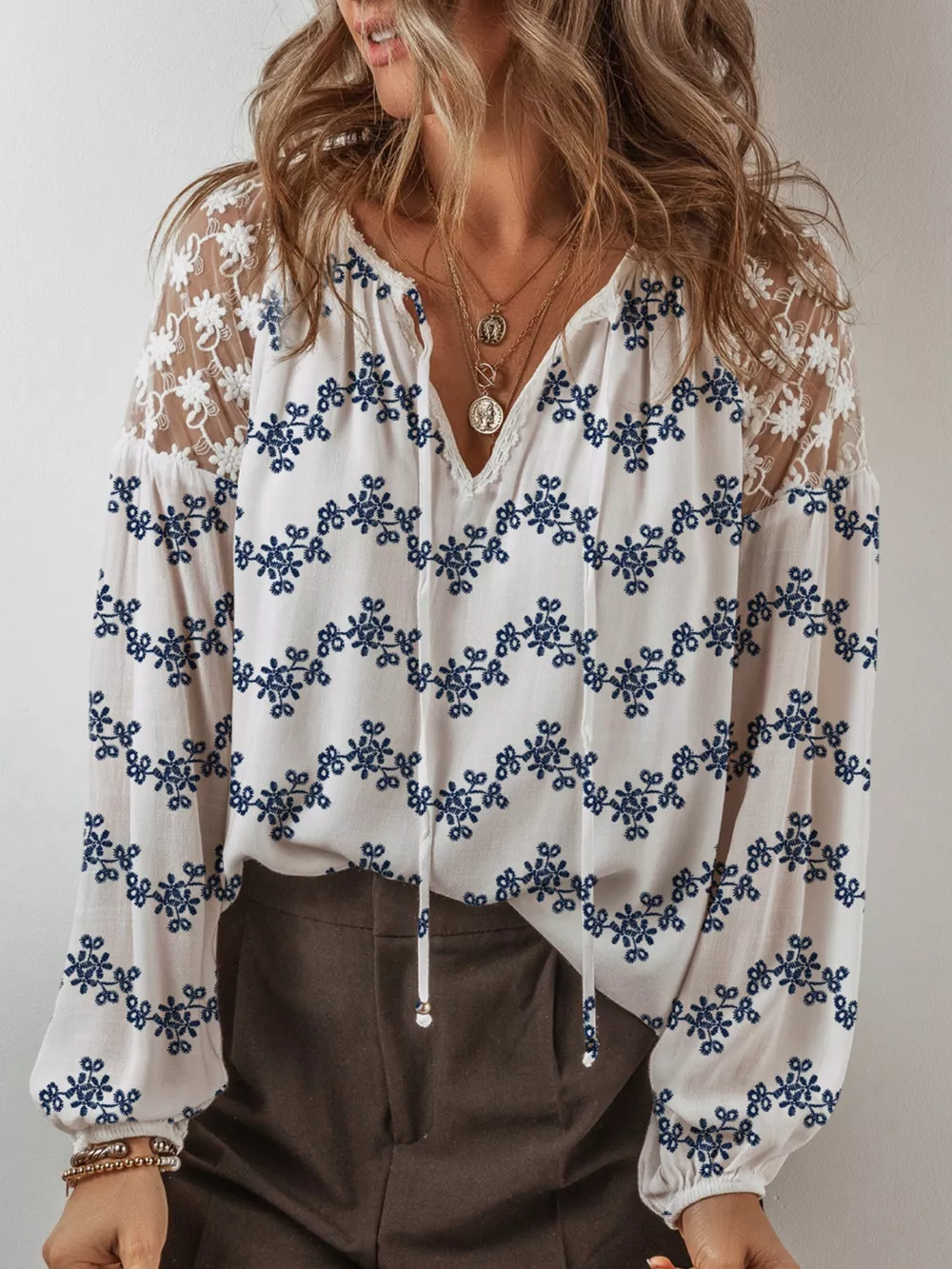 Printed Tie Neck Lace Long Sleeve Blouse, image 3