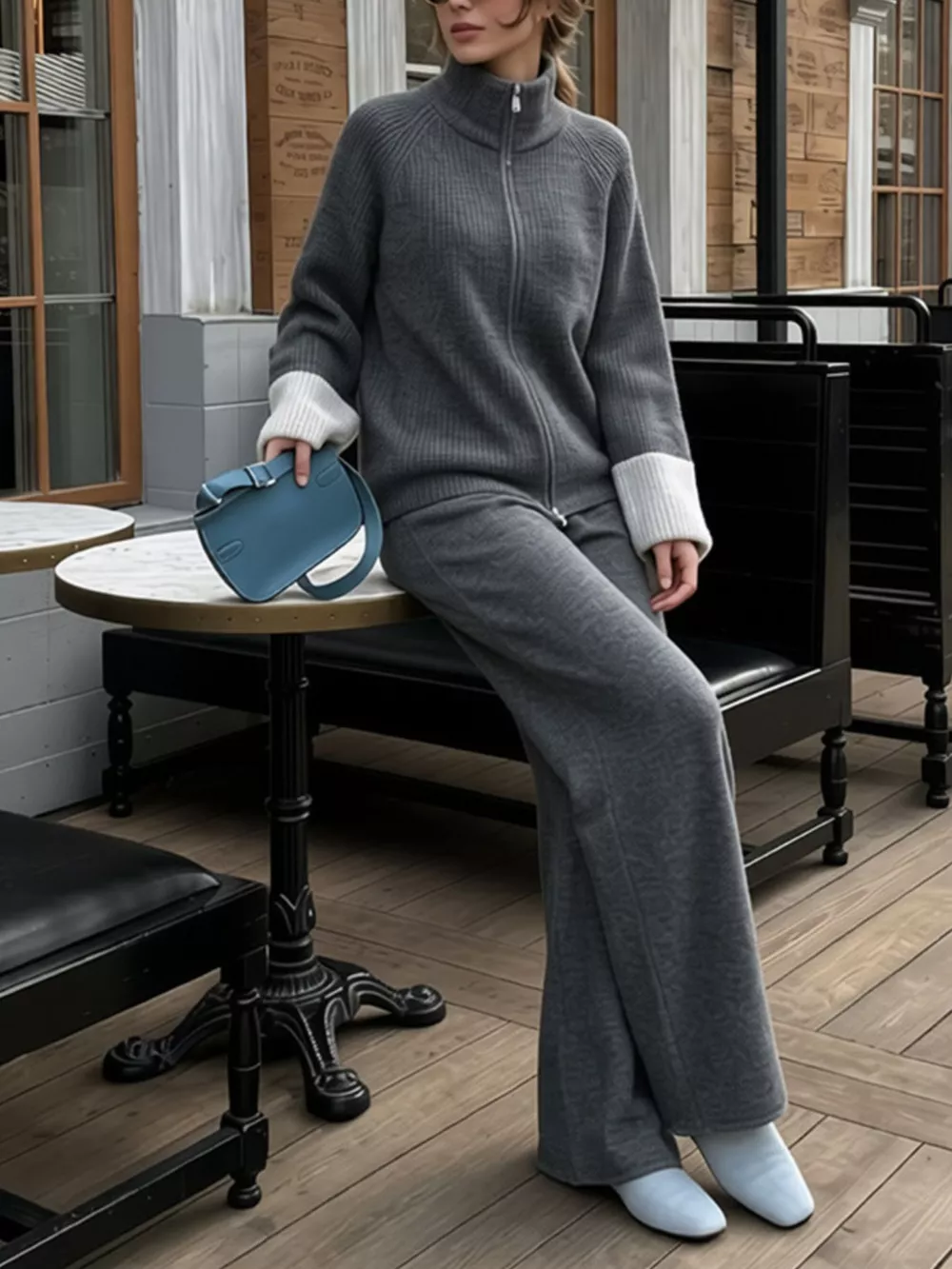 Zip-Up Contrast Cuff Cardigan and Pants Sweater Set, image 26