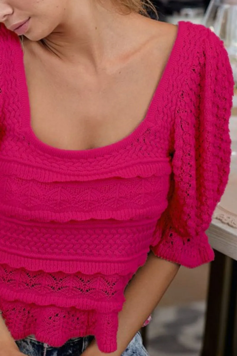 Square Neckline with Puff Sleeve Crochet Top, image 3
