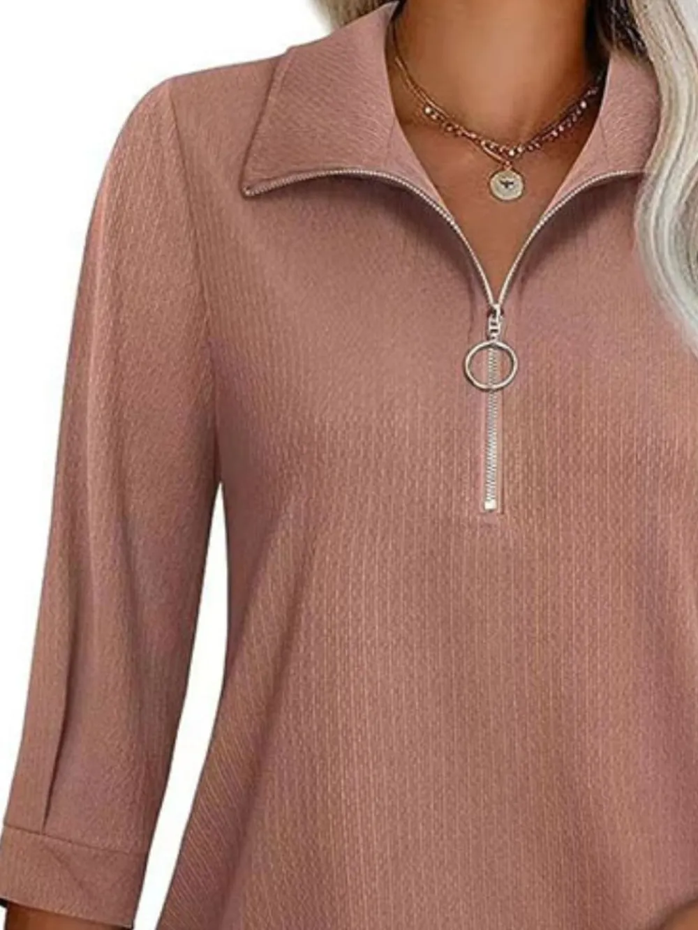 Half Zip Collared Neck Three-Quarter Sleeve T-Shirt, image 10