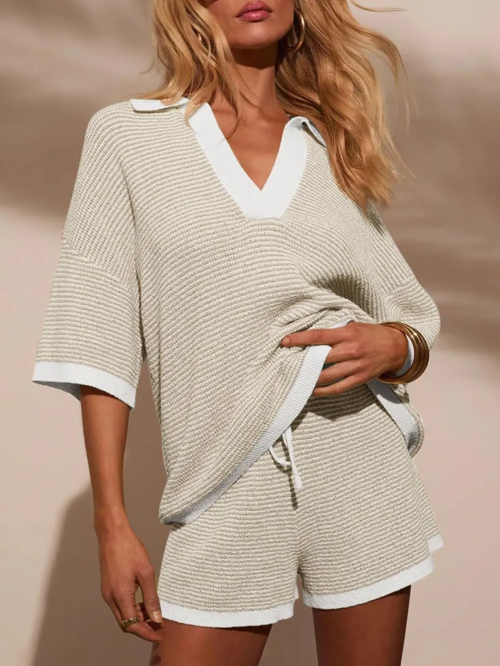 Collared Neck Contrast Striped Top and Shorts Sweater Set