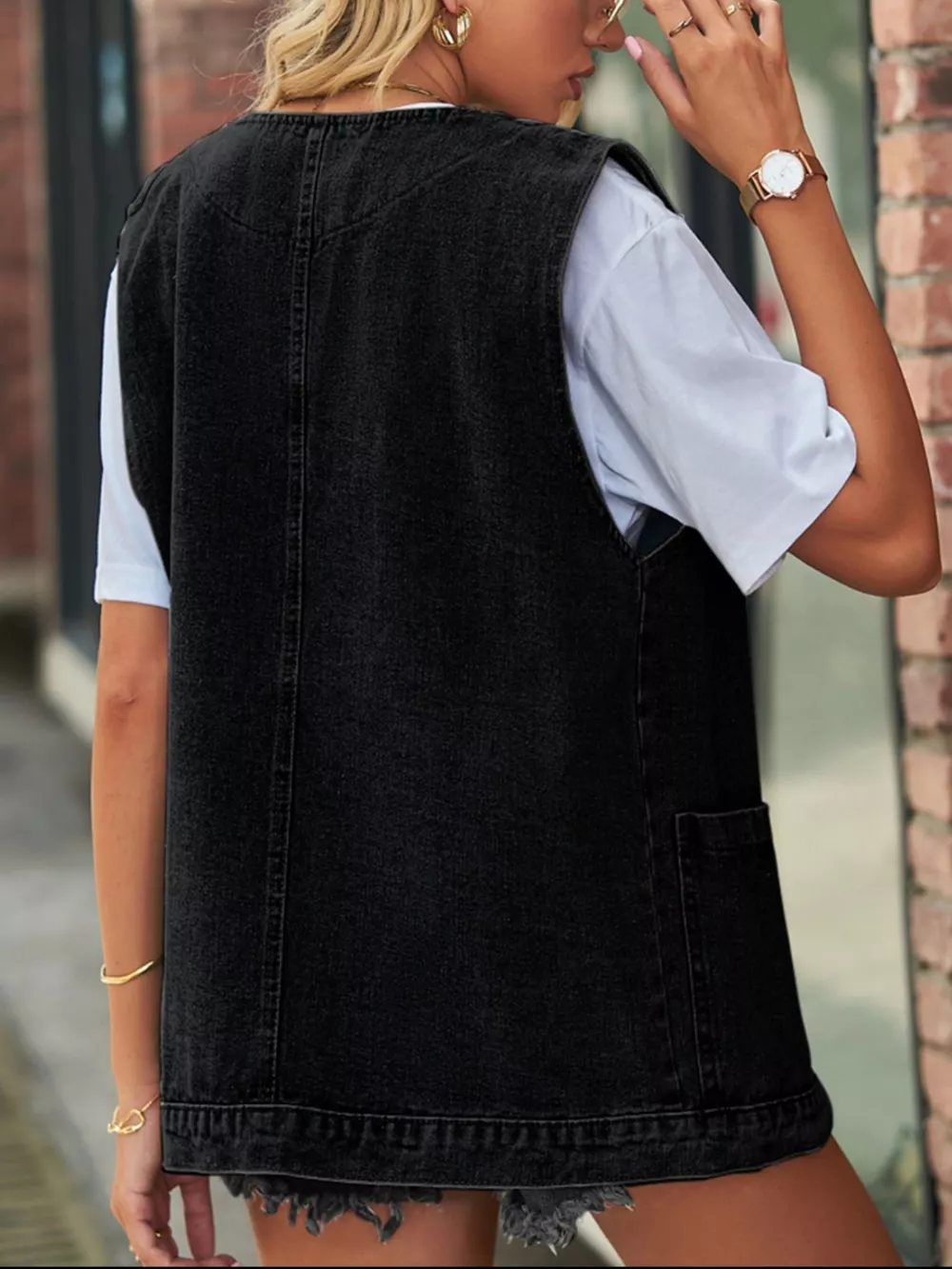 Sleeveless Button-Down Denim Jacket Vest, image 7