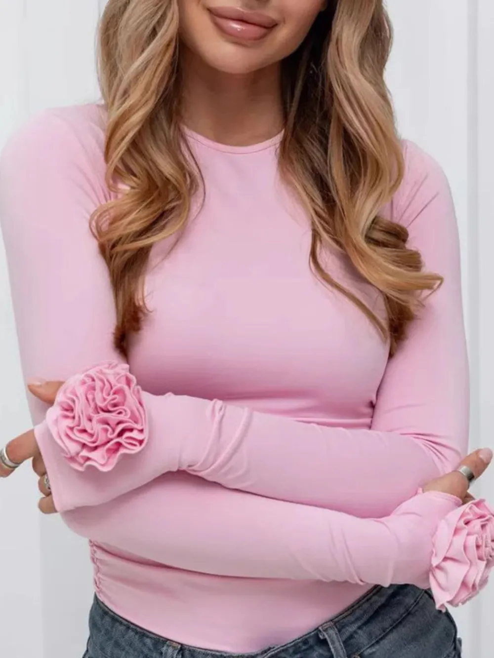 Flower Round Neck Long Sleeve T-Shirt, image 9