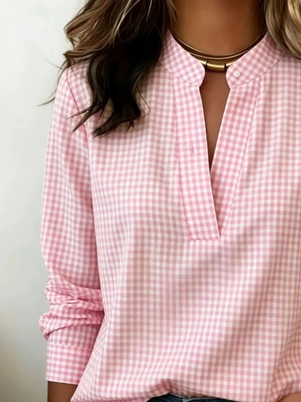 Full Size Plaid Notched Long Sleeve Blouse Plus Size, image 7