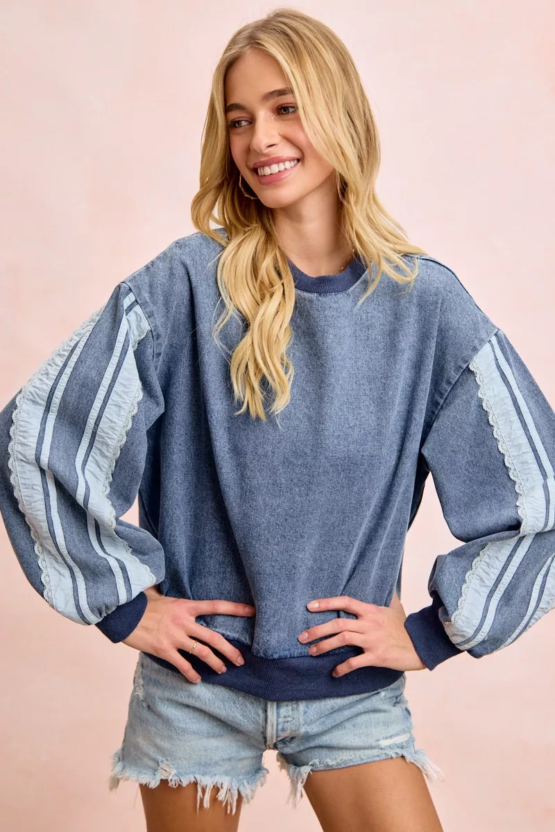 BiBi Washed Denim Lace Contrast Sided Sweatshirt, image 10