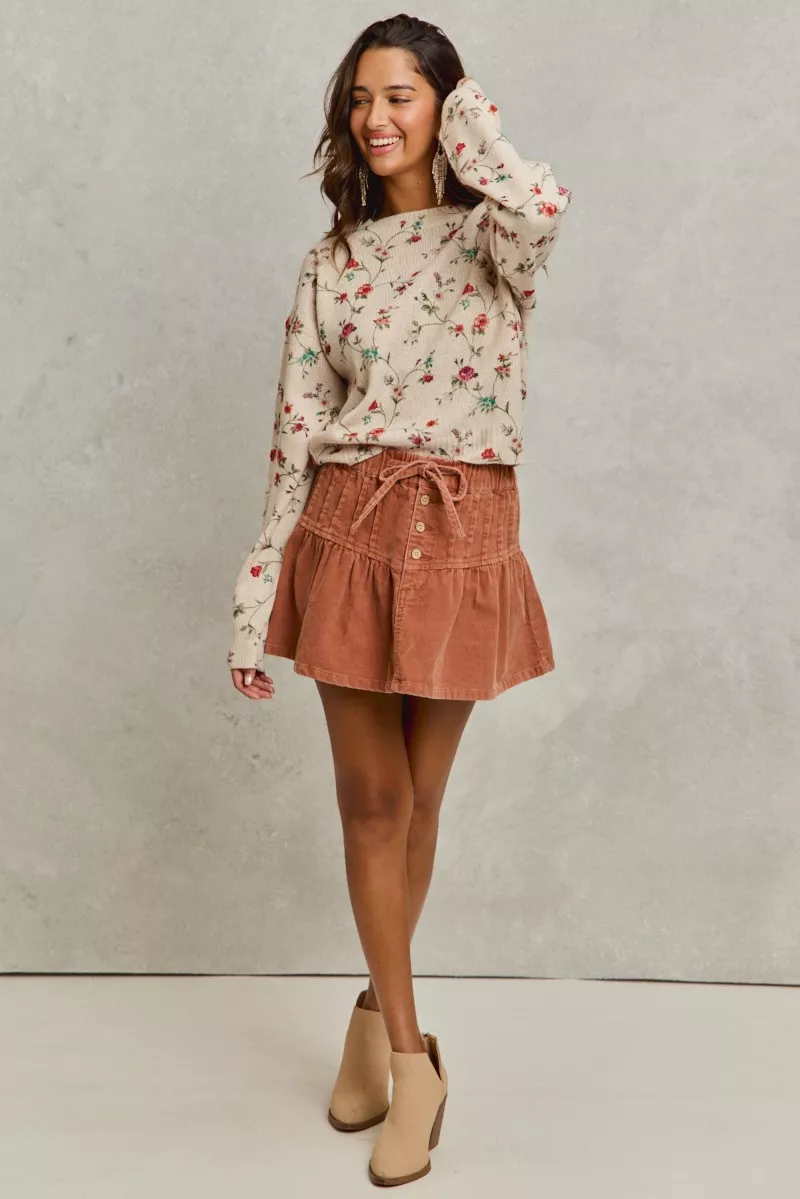 Mineral Wash Pintucked Corduroy Mini Flared Skirt, image 4