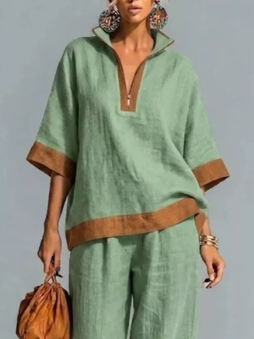 Full Size Contrast Trim Top and Wide Leg Pants Set Plus Size, image 5