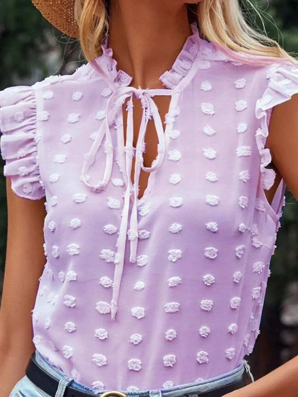 Frill Tie Neck Cap Sleeve Blouse, image 8
